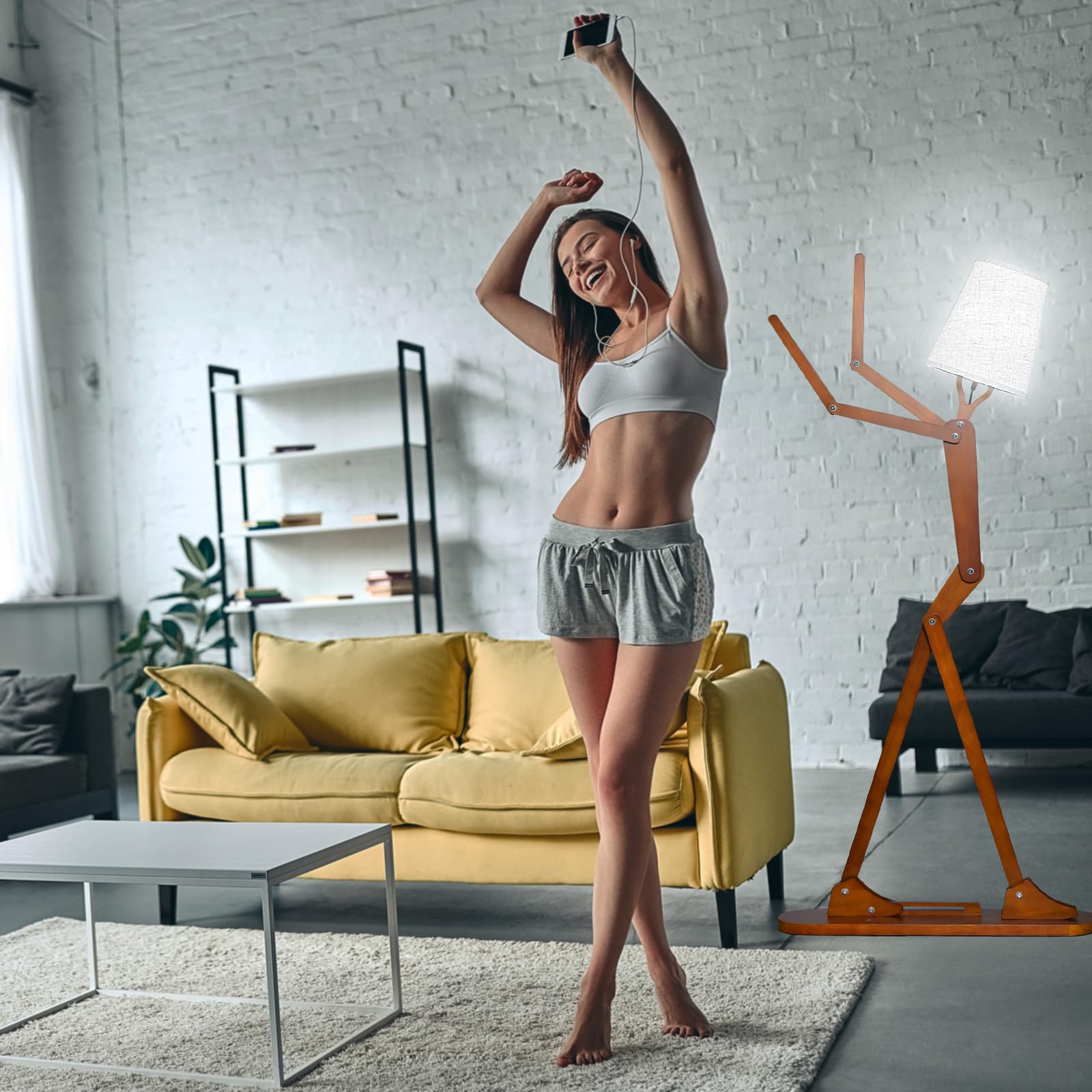 RELAX4LIFE Stehlampe, Stehleuchte mit Verstellbaren Gelenken, Humanoide Standleuchte mit Fußschalter & E27 Fassung, 160cm Standlampe Holz, Stehlampe für Wohnzimmer & Schlafzimmer