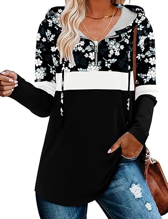 BETTE BOUTIK Womens Quarter Zip Tunic Hoodies Pullover Long Hooded Sweatshirts S-3XL