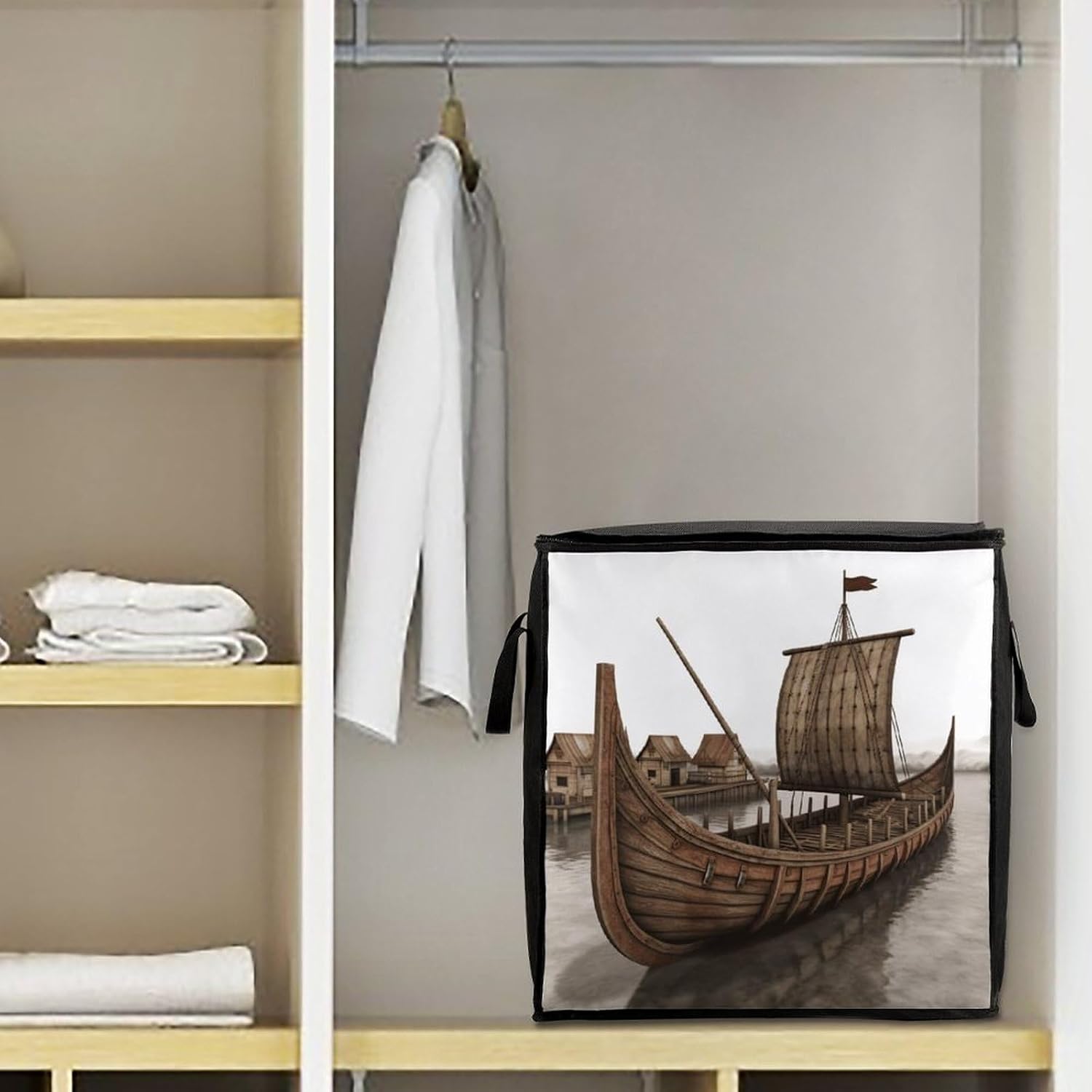Old Viking Boat Storage Bag with Zippers And Handle Extra Large Bedding Comforter Storage Bag Foldable Blanket Storage Bags Fabric Moving Bags for Closet Organizer (70L)