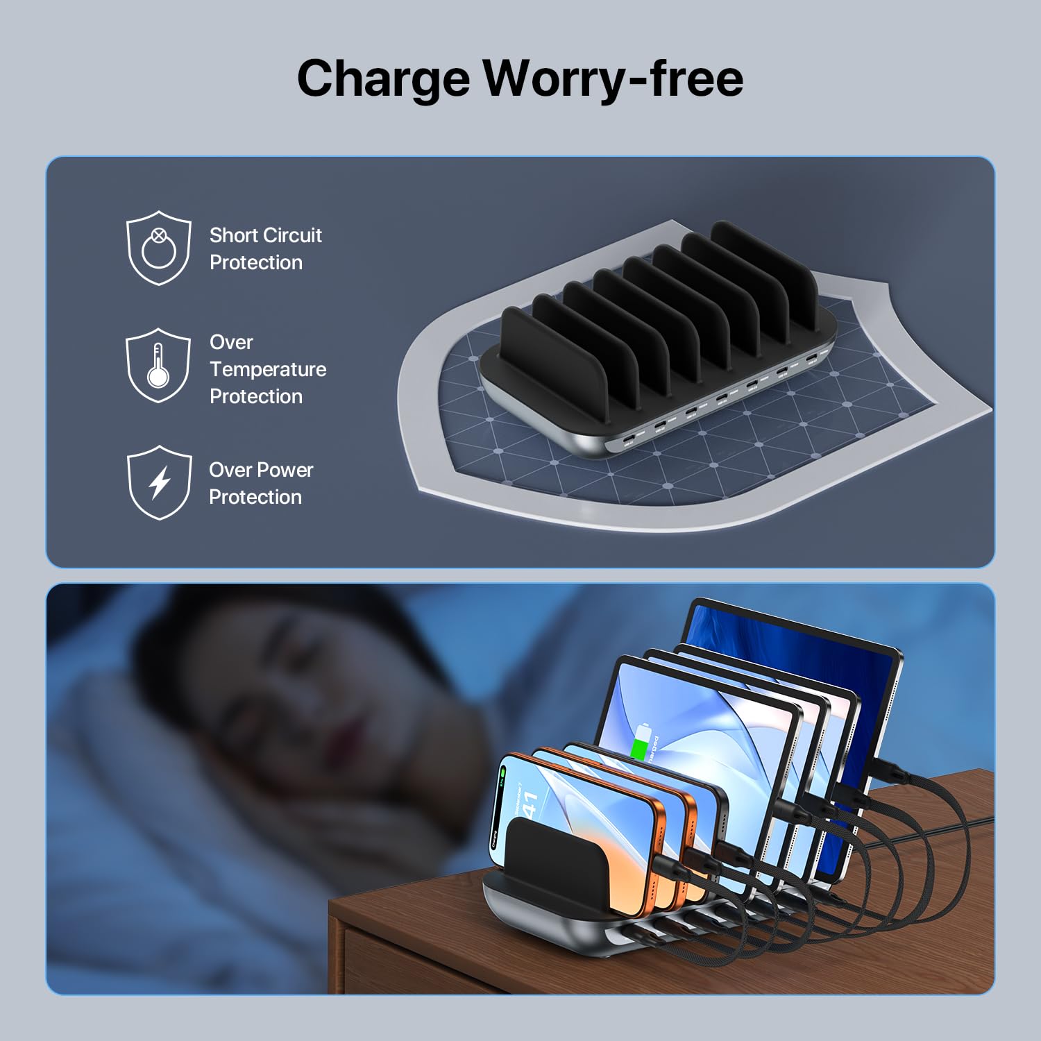 SooPii Station de Charge USB-C de qualité supérieure 140W 7 Ports,Noir | charge rapide PD 20 W par port pour smartphone et tablette, 7 câbles mixtes inclus