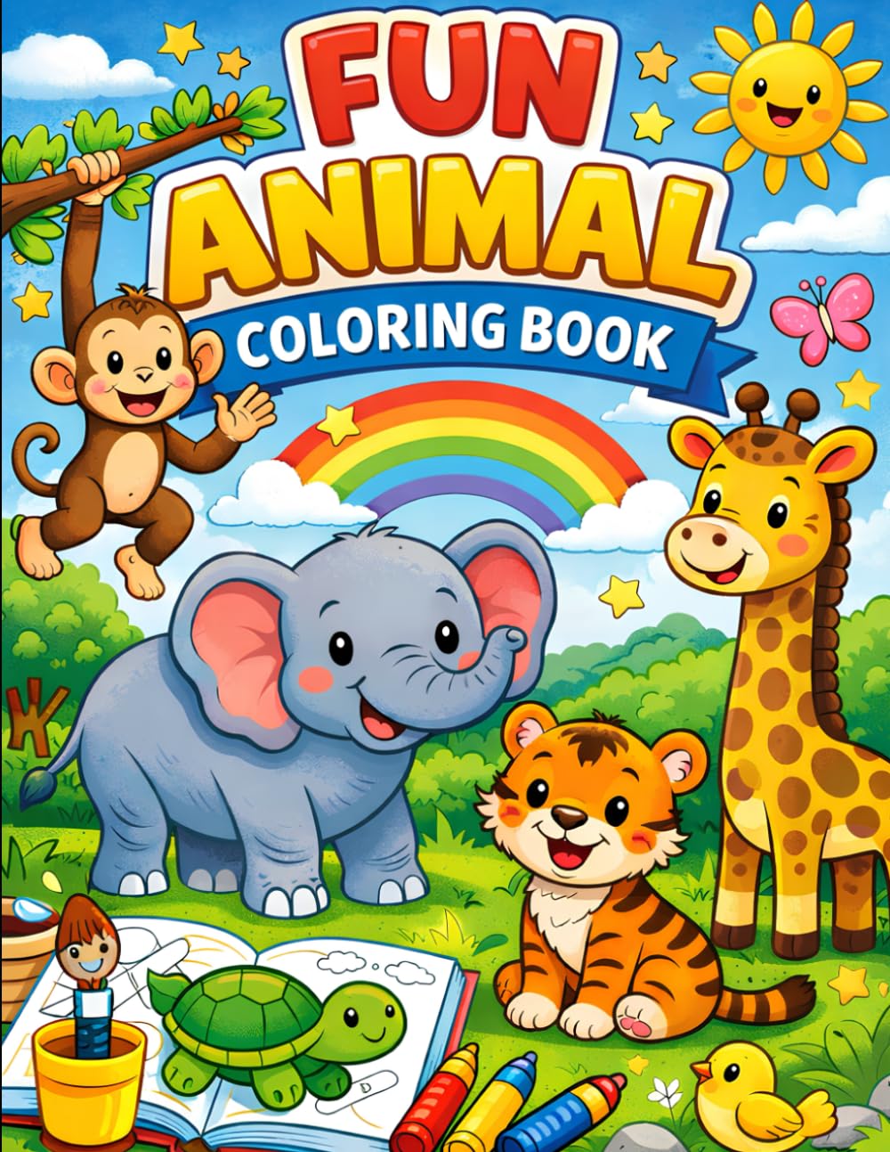 Happy Animals Coloring Book for Ages 3–6: Fun and Easy Farm, Jungle & Ocean Animals for Toddlers & Preschoolers Ages 3–6