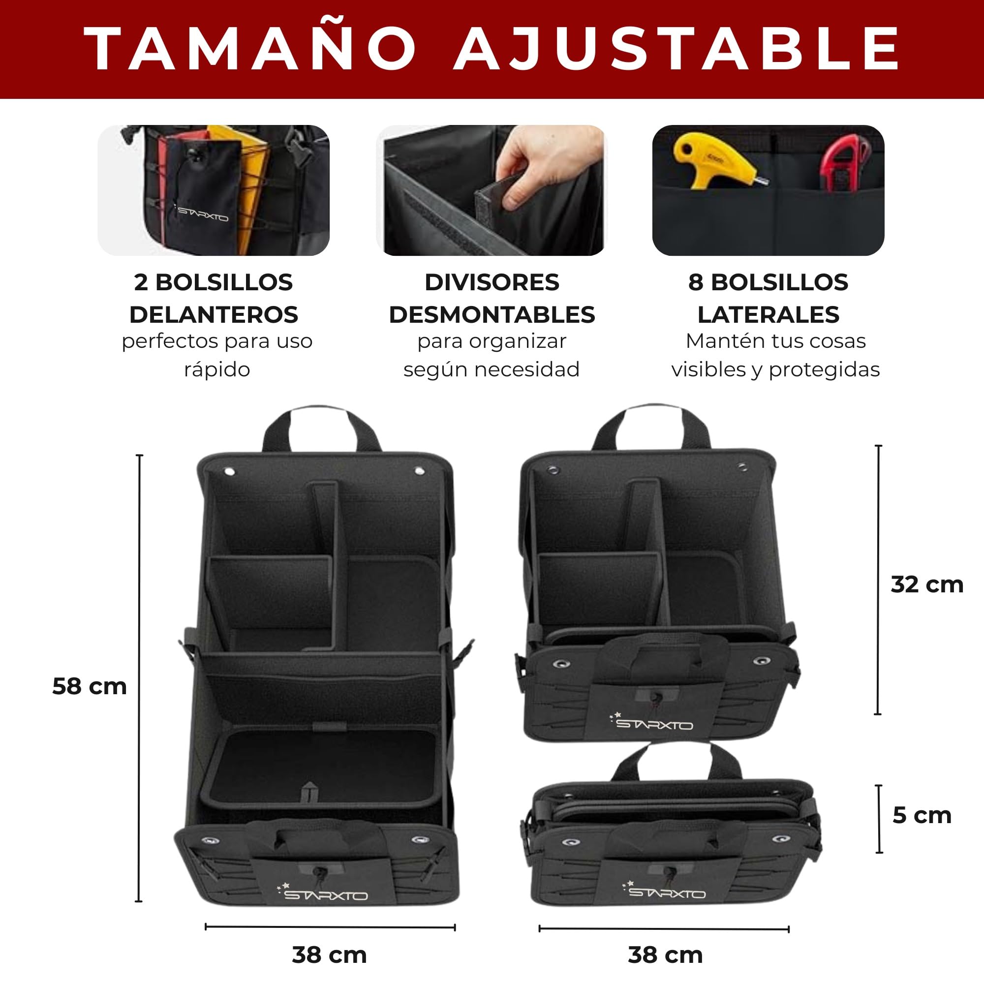 Organizador de Maletero Coches y SUV, Plegable con Tapa, Ajustable, 2 en 1 Set - Caja Maletero - Bolsa Maletero Coche - Organizador Coche Maletero - Caja Plegable