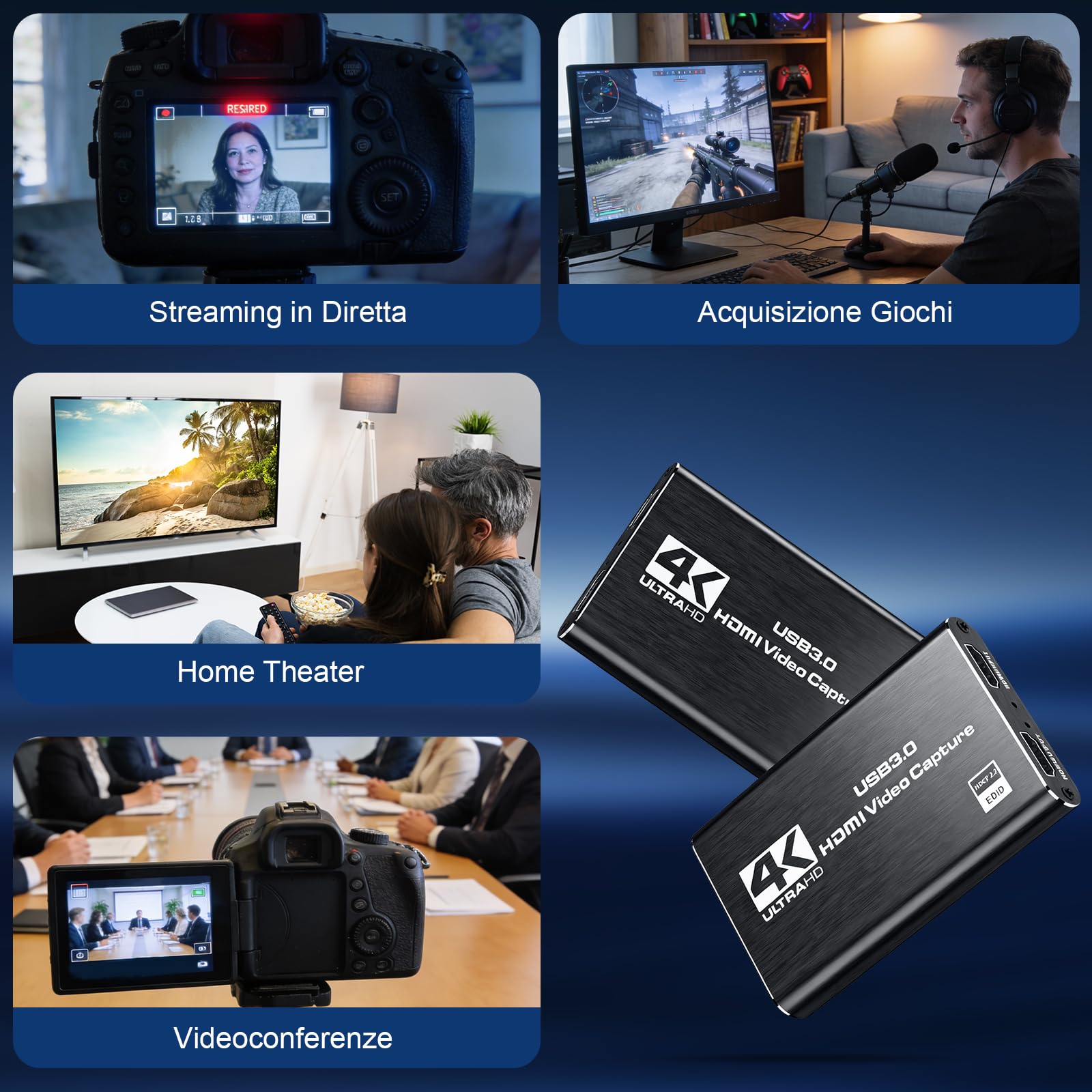 Scheda di Acquisizione Video 4K HDMI USB 3.0-1080p 60fps/2k 30fps Loop-Through - Compatibile PS5, Xbox Series X/S, PC, OBS - Per Streaming & Gaming Nero