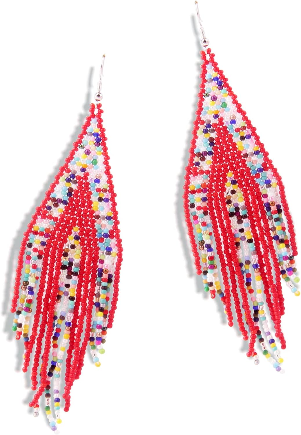 Long Beaded Tassel Earrings – Classic Rainbow Striped Beaded Dangle Fringe Earrings, Bohemian Seed Bead Drop Statement Earrings, Idea for Women, Wedding Party