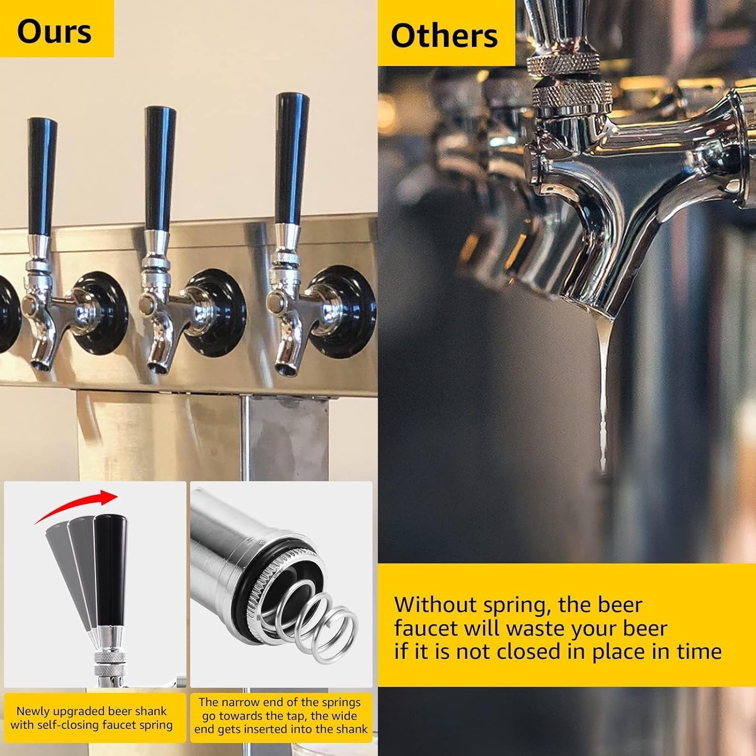 3'' Draft Beer Faucet Shank, 1/4'' Beer Line Barb Brewing No Leak No Drip No Stick Stainless Core Kegerator Tap Beer Shank Dispenser Self-Closing Spring Tap Brush Spanner Wrench Hose Clamp