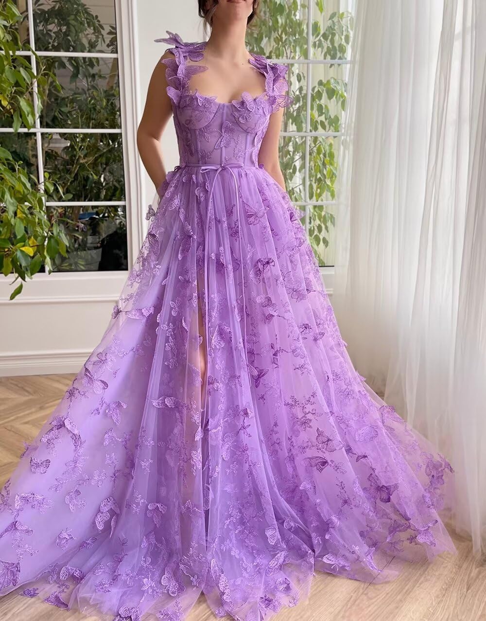 Eightale Vestido largo de tul con encaje y apliques de mariposa dividida en 3D, vestido formal de noche