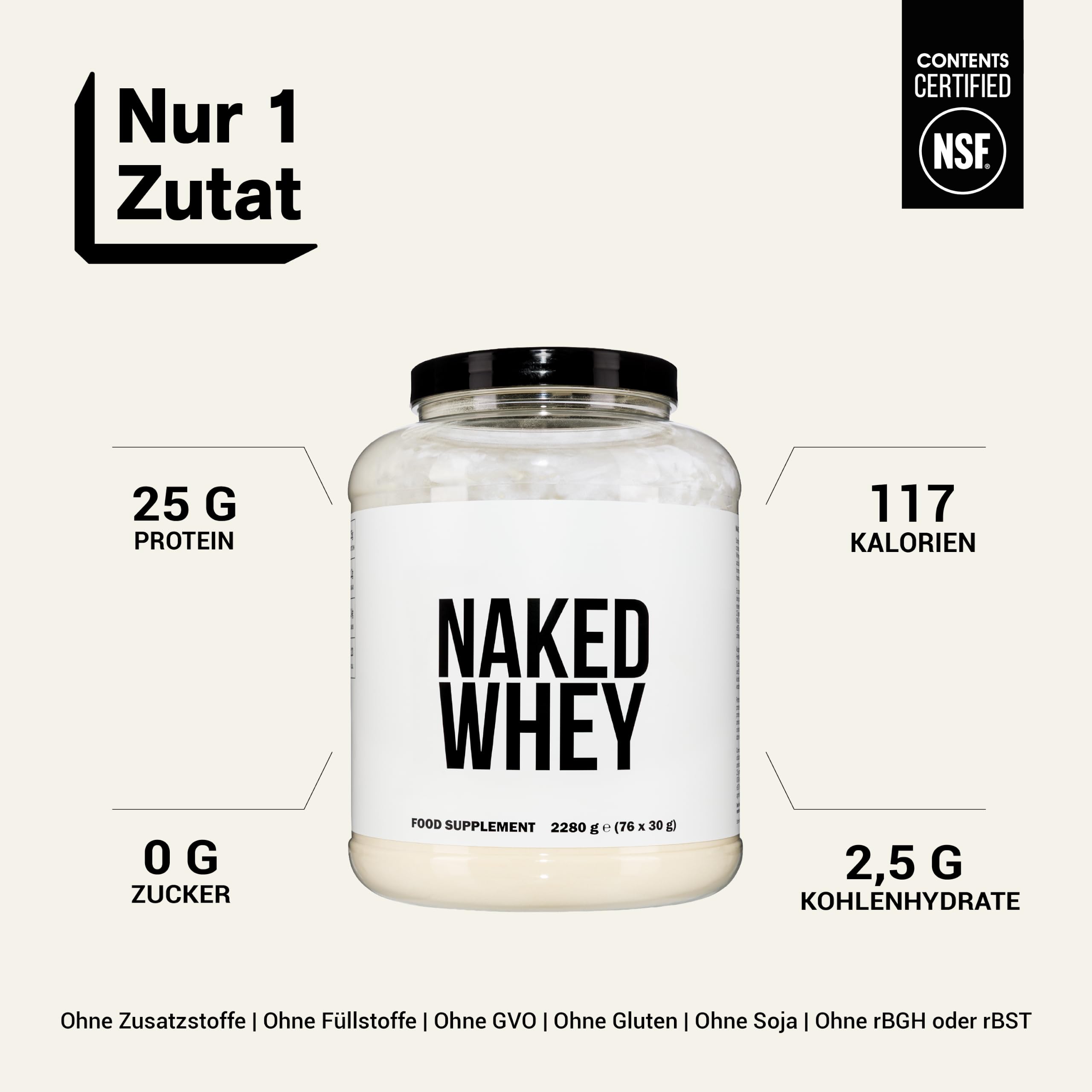 Naked Whey Protein Pulver (Eiweißpulver), Nur 1 Zutat, Grass Fed, Glutenfrei, Sojafrei, GMO-frei, 25g Protein und 6g BCAAs pro Messlöffel, Geschmacksneutral, 76 Portionen, 2280g