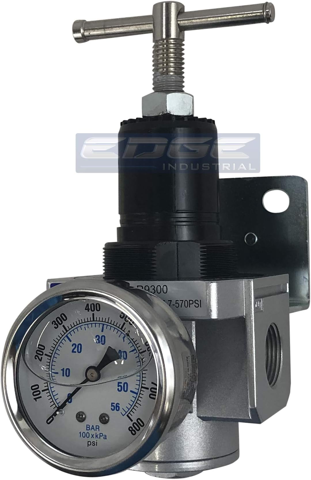 7 TO 570 PSI, 1" NPT, HIGH PRESSURE INDUSTRIAL REGULATOR FOR AIR & INERT GAS, ADJUSTABLE FROM 7 THROUGH 570 PSI, HIGH FLOW RATE, T-HANDLE STYLE ADJUSTMENT WITH LIQUID FILLED PRESSURE GAUGE (1" NPT)