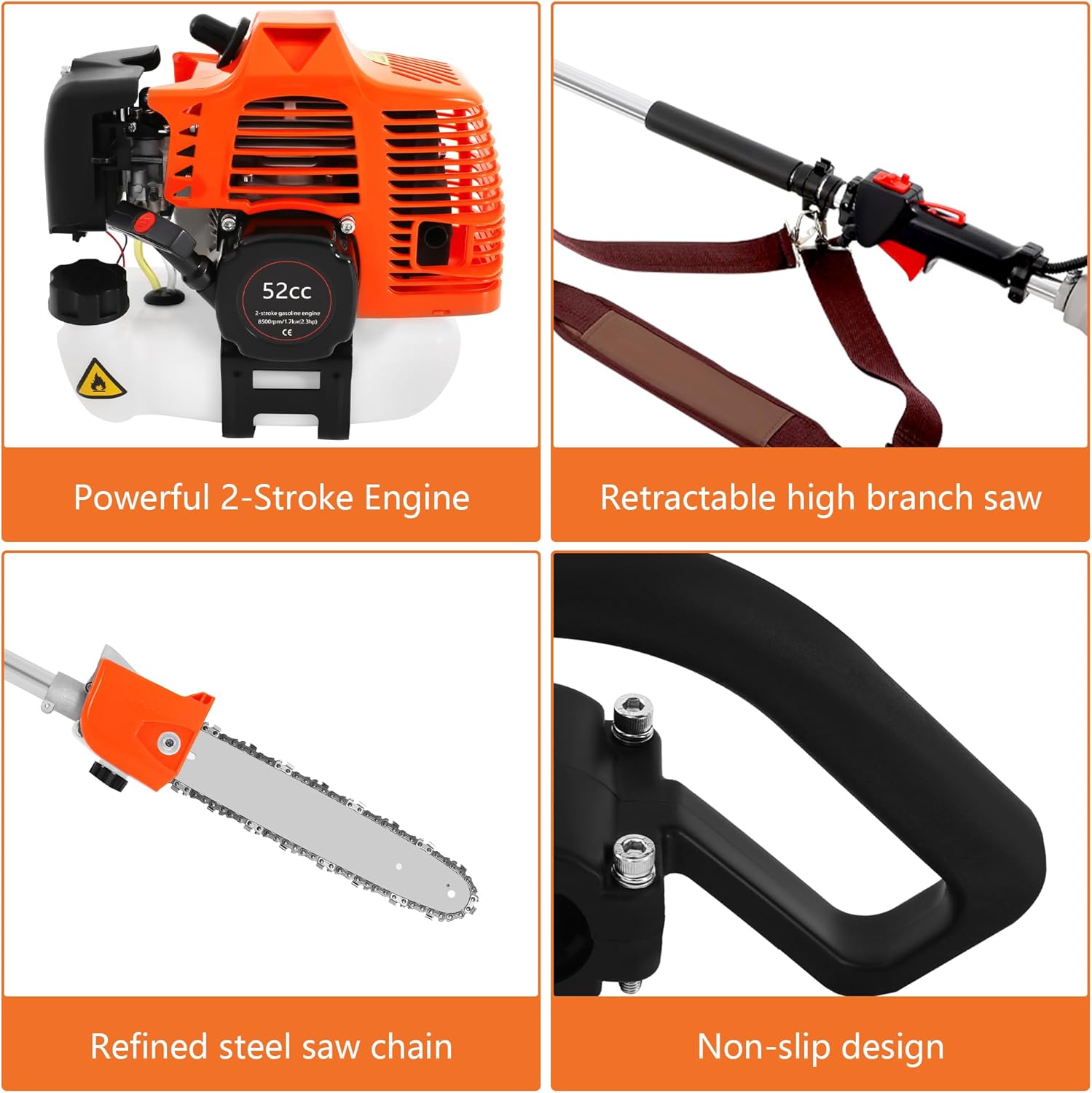 52cc 2-Stroke Gas Pole Saw 90 Inch Adjustable Chainsaw for Tree Trimming - Commercial-Grade Aluminum Alloy w/Shoulder Strap and Safe Ground Operation