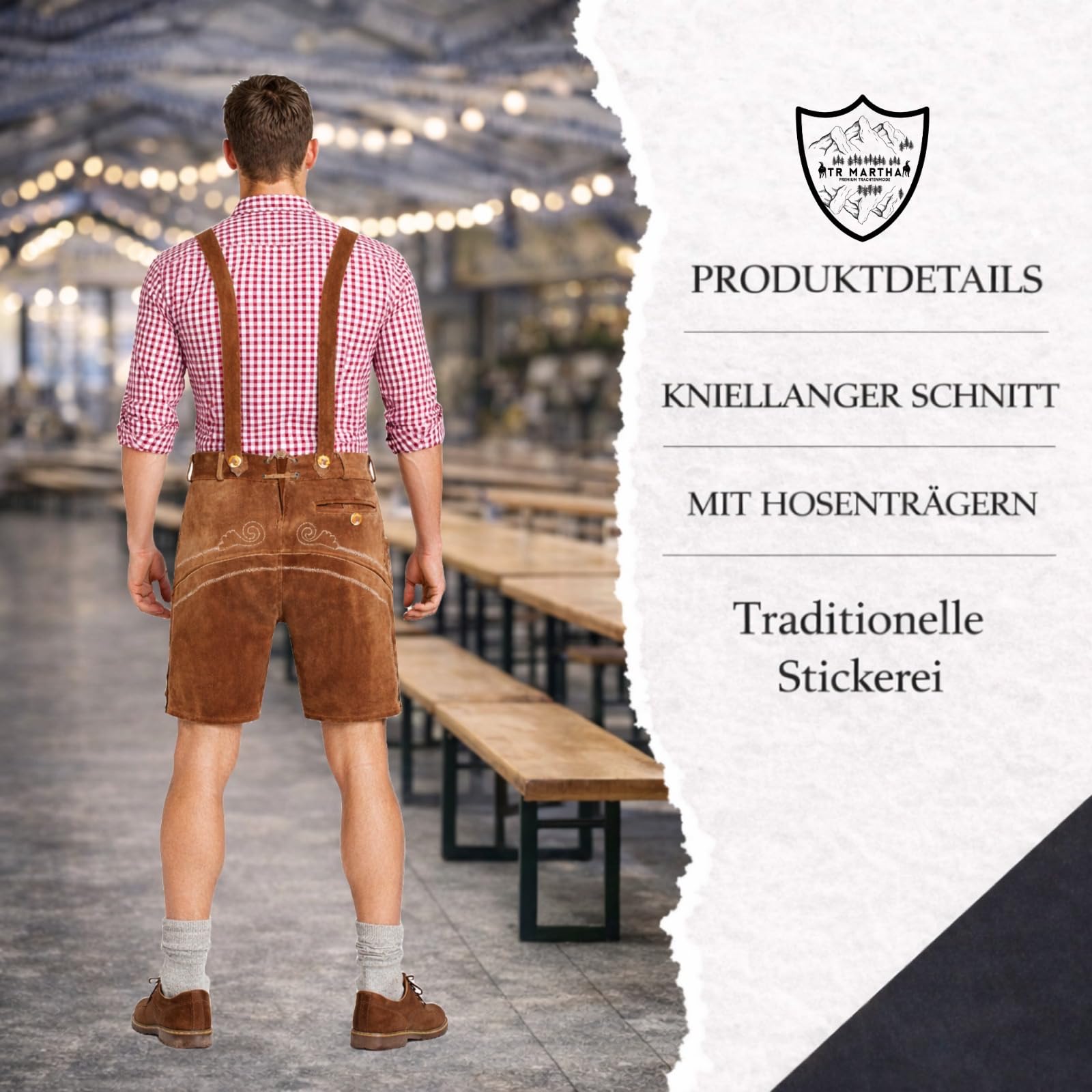 Trachten Herren Lederhose Kurz Mit Trägern In Dunkelbraun, Größe 46-60, Oktoberfest Lederhose