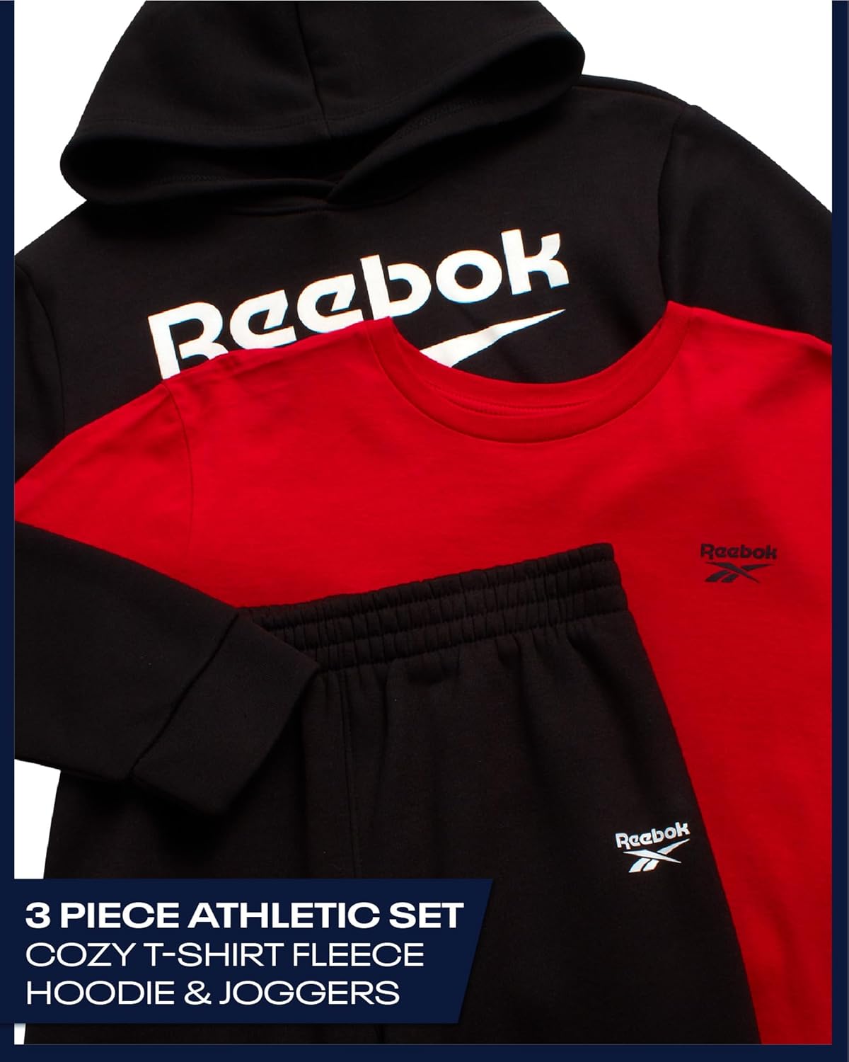 Reebok Boys Sweatsuit Set - 3 Piece Athletic Jogger Set with Fleece Pullover Hoodie Sweatshirt, Sweatpants & T-Shirt for Boys - Image 2