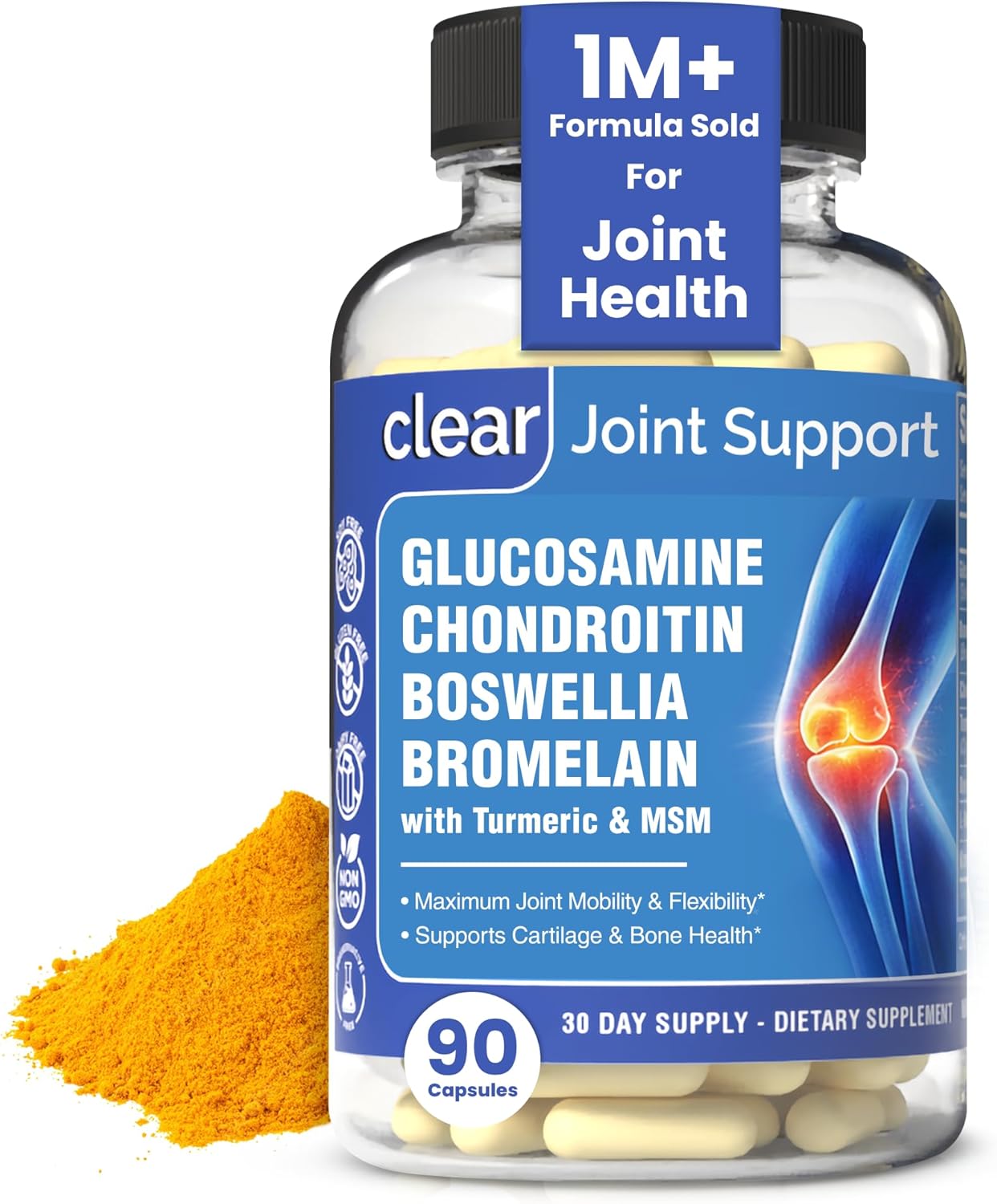 Glucosamine Sulfate 1500mg Chondroitin & MSM Joint Support - 8-in-1 Formula with Turmeric & Boswellia - Easy-to-Swallow Capsules, Gentle on Stomach for Back, Knee & Hip Support - 90 Capsules