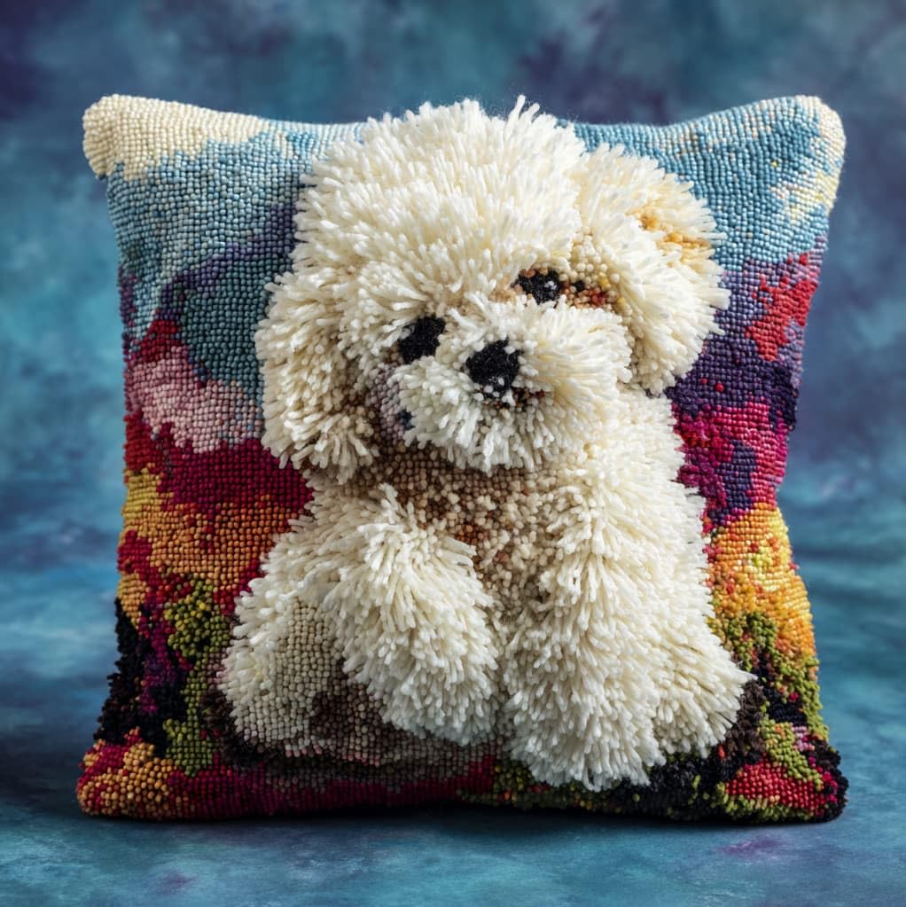 Henypt Latch Hook Pillow Craft Kit 43x43cm,Poodle Puppy 17x17 Inch,Complete Starter Kit with Tools and Yarn for Beginners & Craft Enthusiasts
