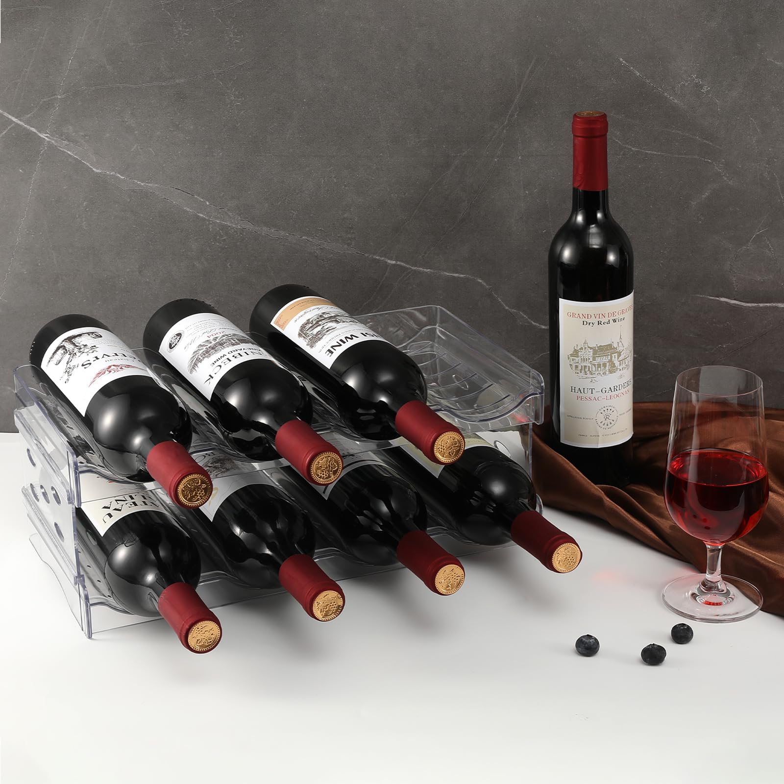 Estante de vino para encimera, nevera, armario interior, soporte de plástico de 2 niveles para botellas de vino, organizador de botellas de agua para refrigerador, despensa, capacidad para 8 6