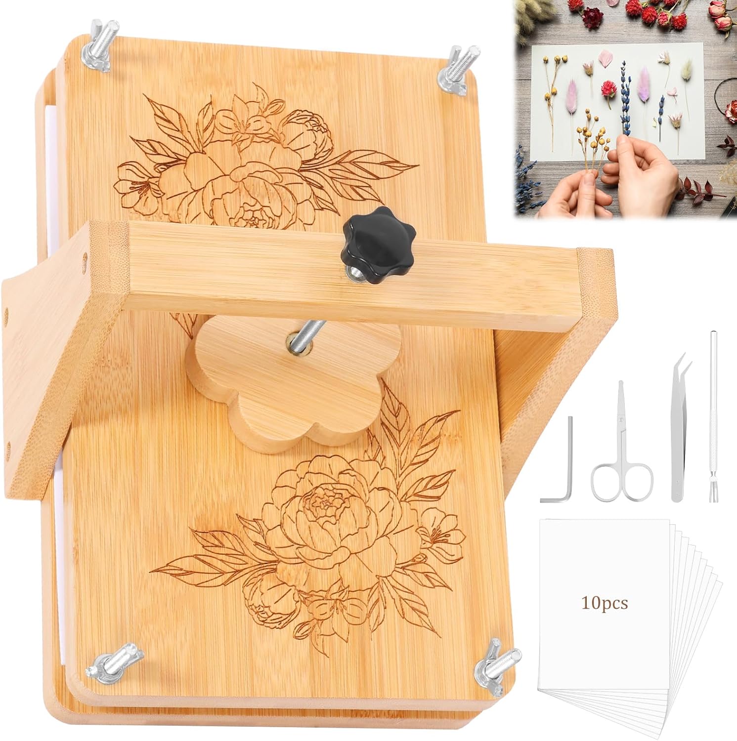 Fizocosisto 11 x 7inch Large Flower Press Kit,DIY Wood Flower Pressing kit with Accessories for Dried Floral Plant Specimen Wedding DIY Art Crafts(Log Color,1 Set)