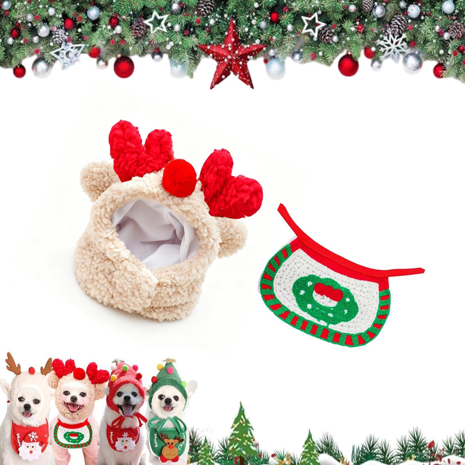 Adorable Christmas Tree Pom-Pom Hat, Dog Santa Hat, Christmas Tree Hats for Pets, Adjustable Cat Dog Santa Collar, Dogs and Cats Costumes (Style-D,Small)