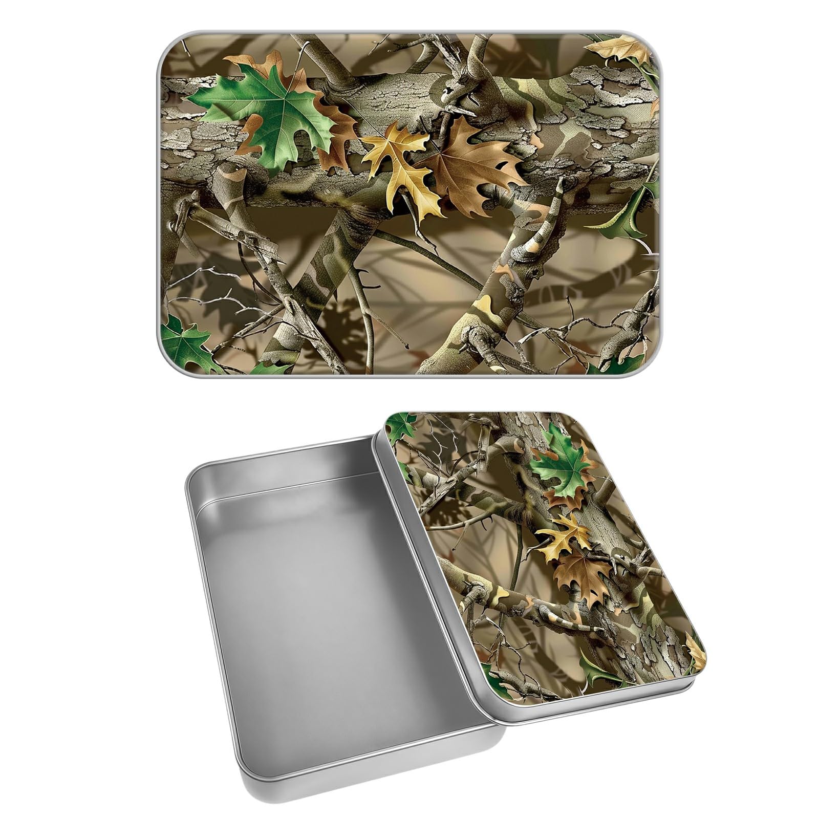 Rectangular Metal Tin Box with Removable Lid, Camouflage Leaf Decorative Printed Metal Storage Container for Cash Ticket Credit Card Check 3.46 x 2.36 x 0.7 inch– Single Pack