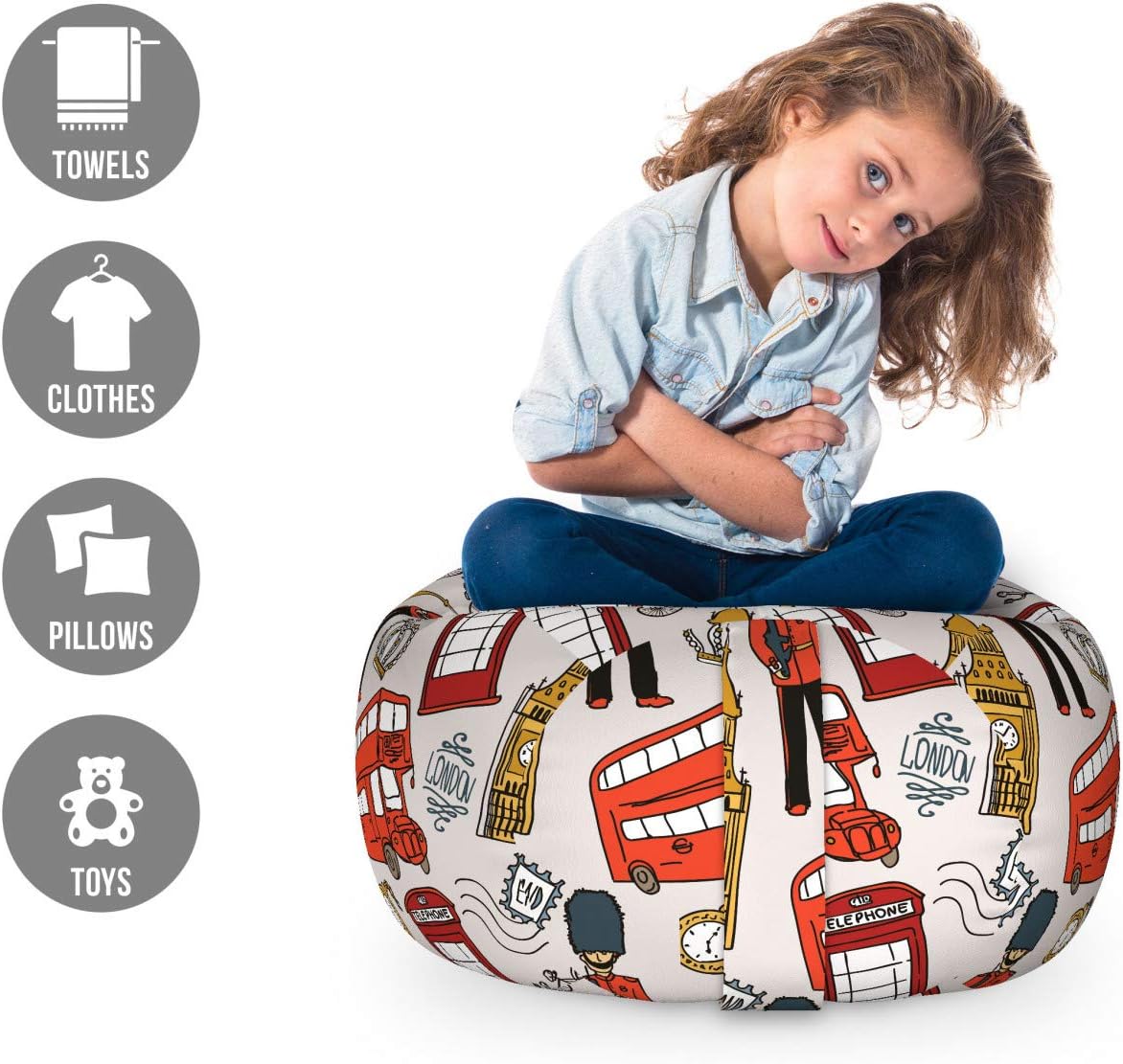 Ambesonne London Storage Toy Bag Chair, Doodle English Crown London Cab Telephone Booth Watch Big Ben Umbrella Bicycle, Stuffed Animal Organizer Washable Bag, Small Size, Grey Red