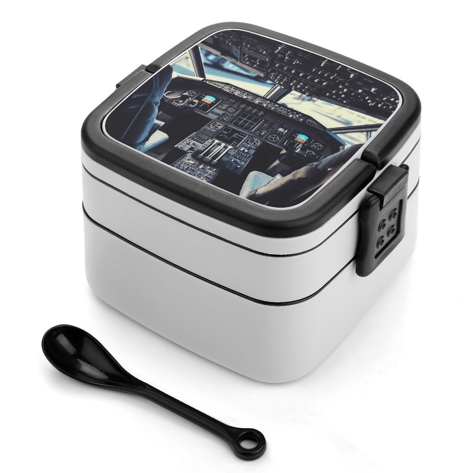JTREHY Reusable Leakproof Bento Box,Airplane Cockpit Printed 2 Layer Stackable Lunch Box with Spoon Portable Large Lunch Box for Dining Out, Work, Picnic, Travel