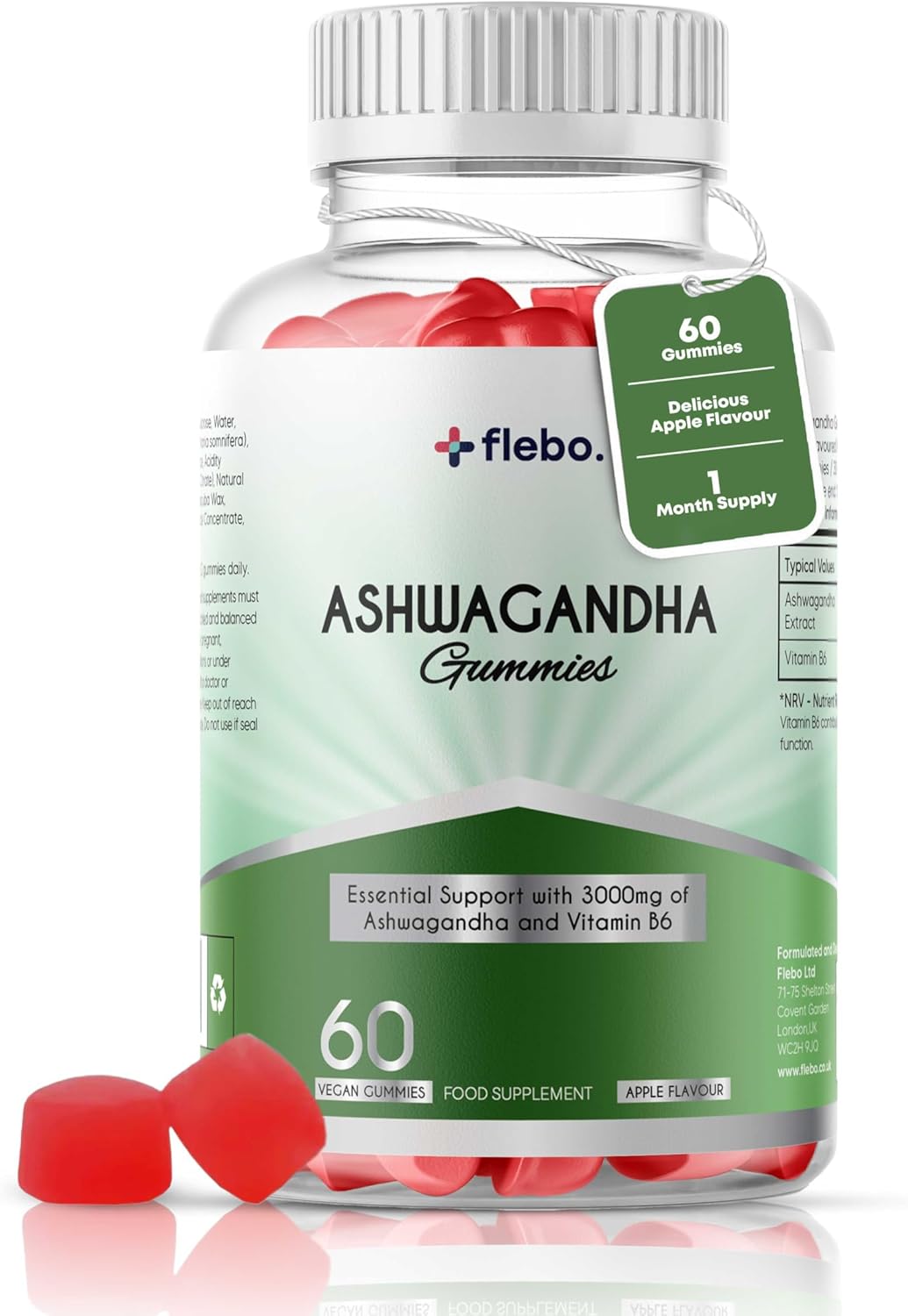 Flebo Ashwagandha High Strength Gummies, Vegan & Gluten-Free I Stress & Anxiety Relief for Adults, Ashwagandha Gummies Supplement for Relaxation and Wellness 60 Two – A – Day I Apple Flavor