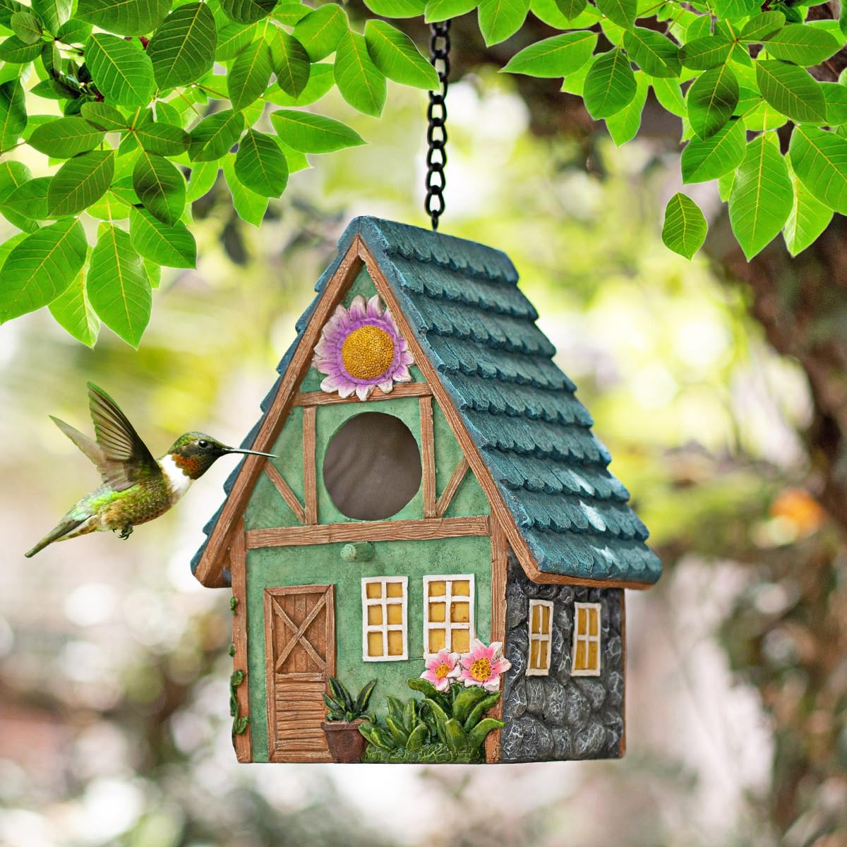Lyfreen Hand-Painted Resin Bird House for Outside - Weatherable Eco-Friendly Birdhouses for Bluebirds, Wrens, Sparrows - Decorative Garden Bird House