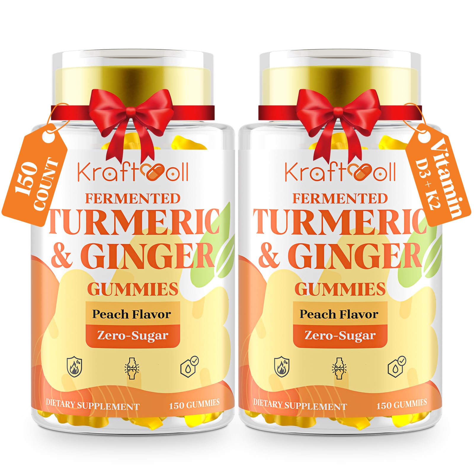 Kraftvoll Suplemento de cúrcuma com gengibre, vitaminas D3 e K2, 300 gomas (2 frascos)