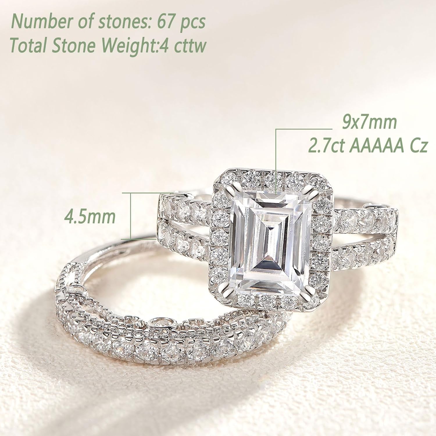 Wuziwen Vintage Emerald Cut Engagement Rings Wedding Ring Set for Women 925 Sterling Silver CZ