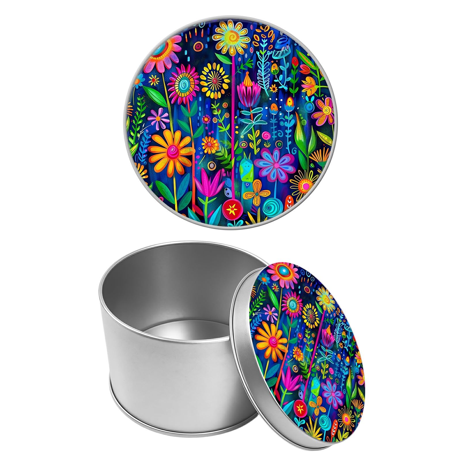 Round Metal Tin Container with Removable Lid, Colorful Florals Durable Metal Storage Box for Cookies Spices Tea Candies Cakes Jewelry Cosmetics 3.54 x 2.36 inch– Single Pack