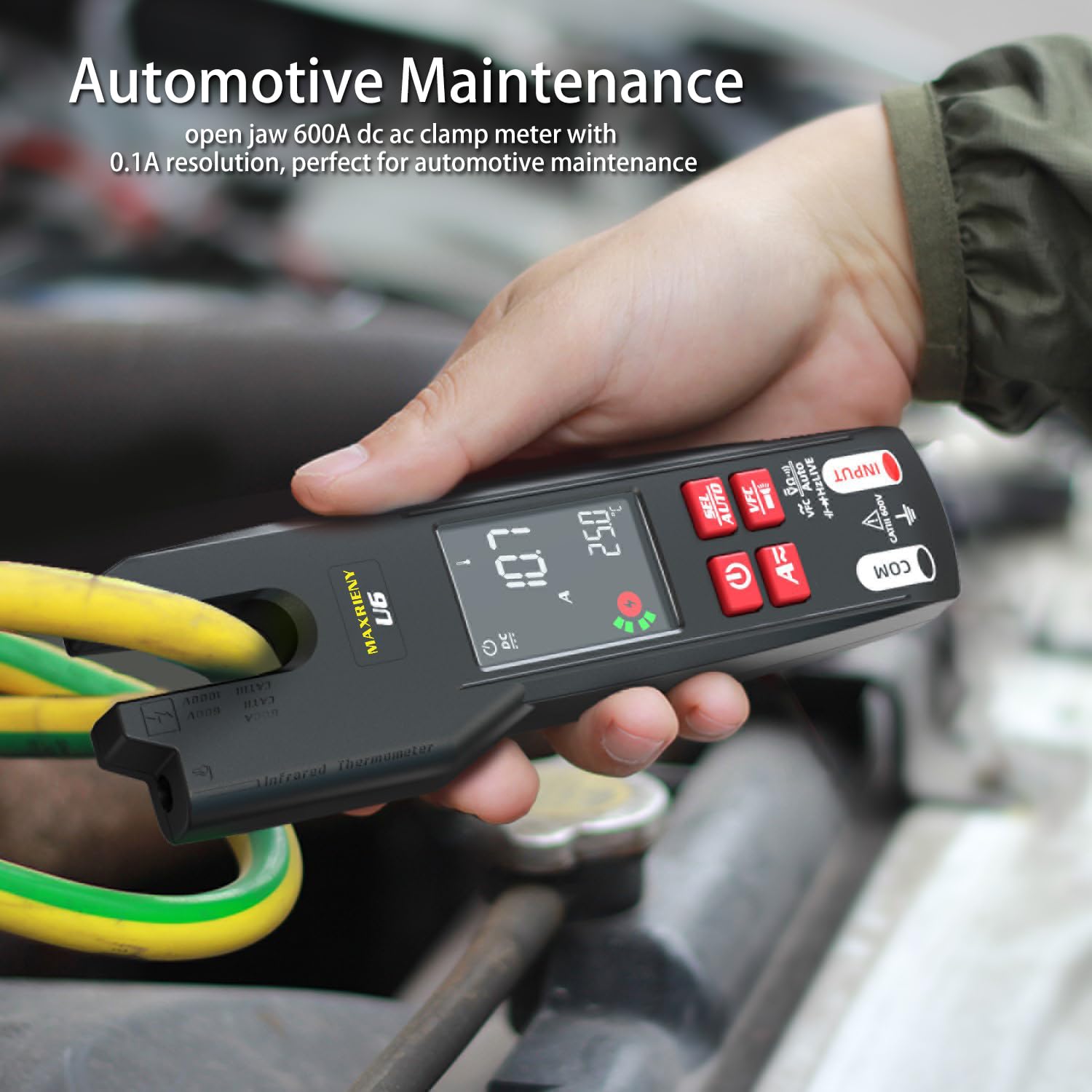 Offene Stromzange AC DC 600A mit Automatisches Multimeter Digital 9999 Zähler und IR Thermometer, Gleichzeitige Messung von Strom und Spannung, Aufladbarer Spannungsprüfer Kapazitätsmesser