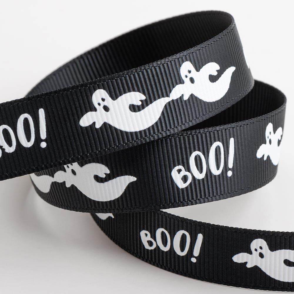 Italian Options Halloween Ribbon Spooky Ghosts, 16mm x 5 Metres, Black Grosgrain