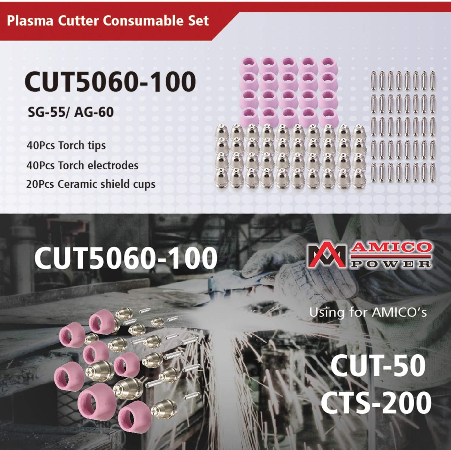 Amico CUT5060-100, Plasma Cutter Consumables Nozzles, Electrodes and Cups for AMICO CUT-50 APC-50 & CTS-200