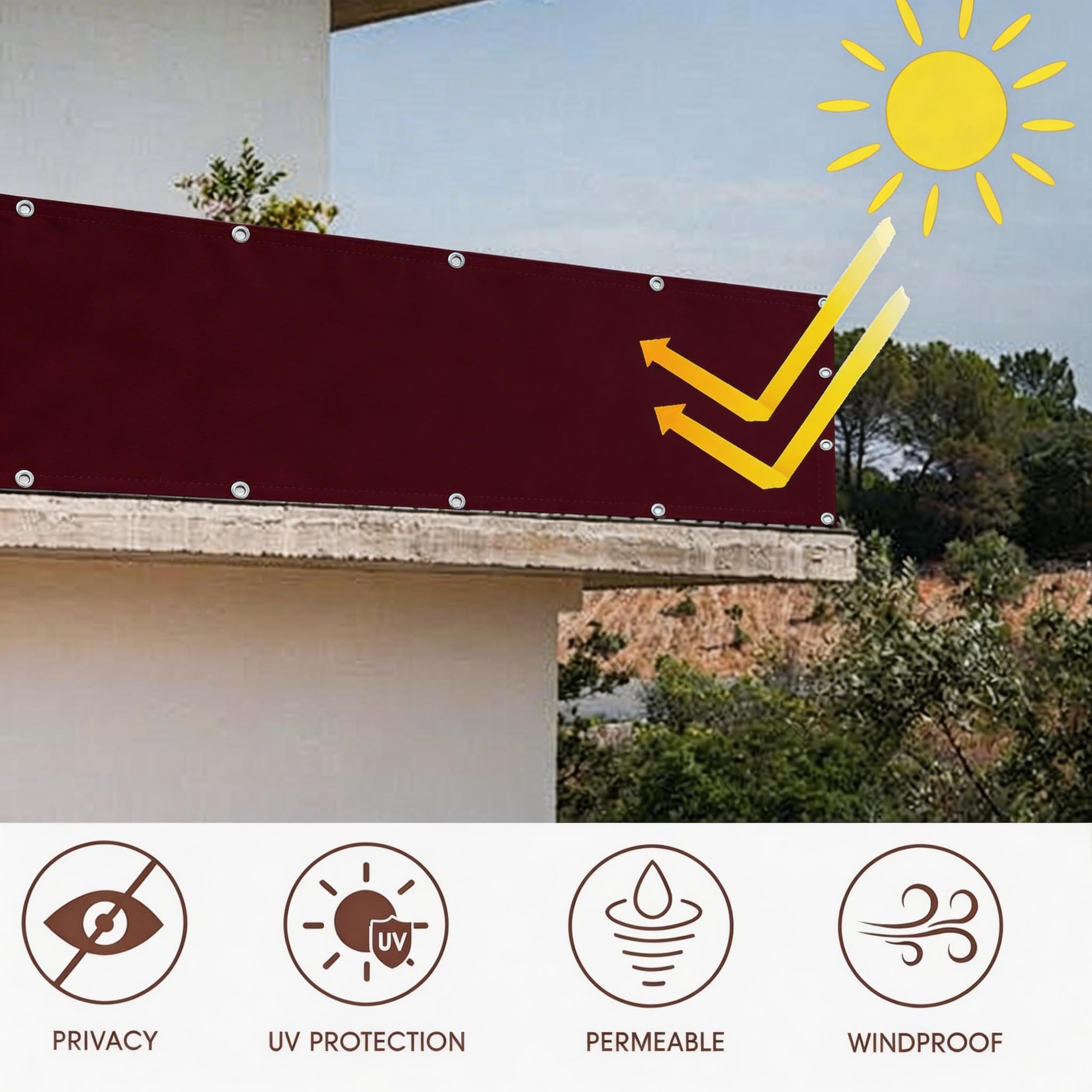 Bâche de Balcon Brise-Vue Imperméable Protection UV 90 x 320 cm Vin Rouge