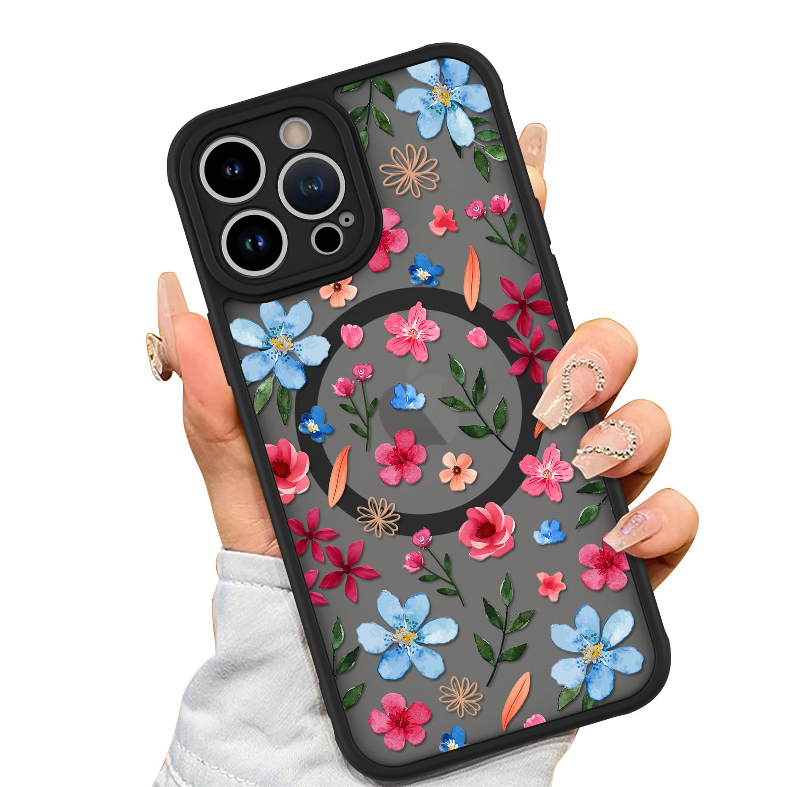 AIGOMARA Magnetic Case for iPhone 12 Pro [Compatible with MagSafe] Cute Pink Blue Flower Floral Pattern Soft TPU Bumper Hard PC Back Anti-Fall