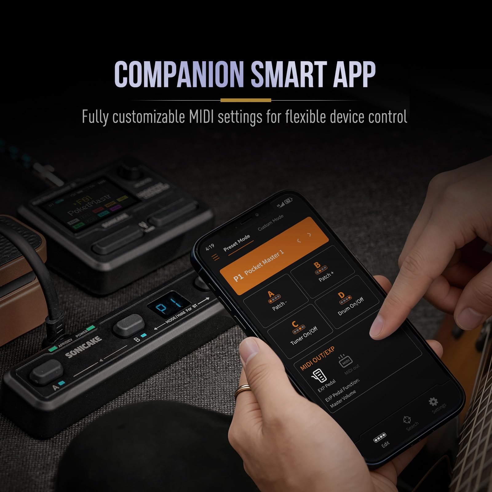 SONICAKE Contrôleur MIDI sans Fil 4 Boutons Contrôle via Application BT Pocket Control (Noir)