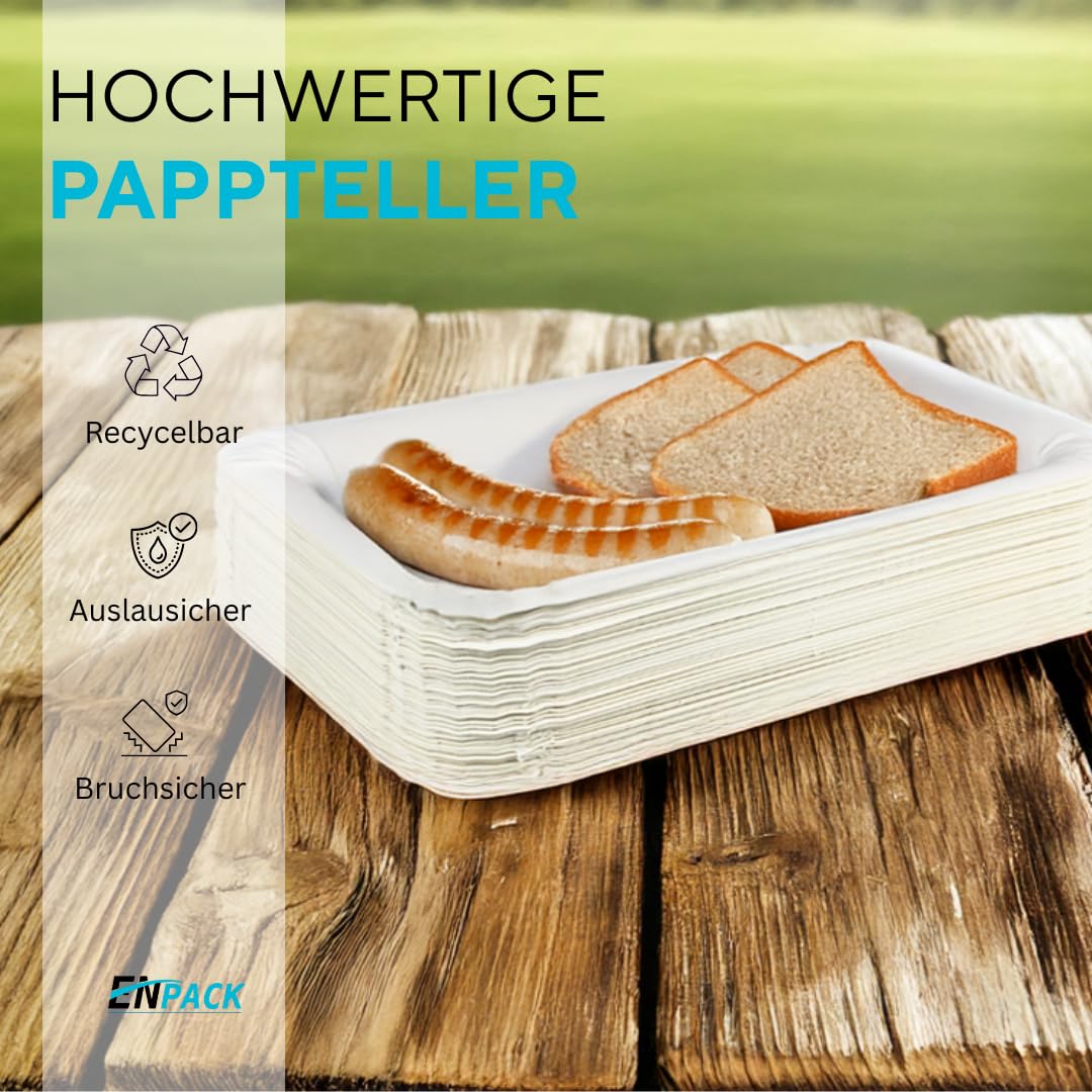 Enpack 1000 Pappteller eckig 18x26 cm weiß – stabile Einwegteller aus Frischfaserkarton, biologisch abbaubar – Kuchenteller & Party Teller für Geburtstag, Grillfest, Catering & Gastronomie