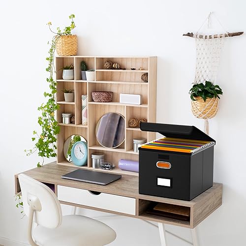 Miniatura 2 de Huolewa Cajas organizadoras de archivos mejoradas con tapas, plegable de piel sintética para colgar carpetas de archivos con tobogán de plástico,