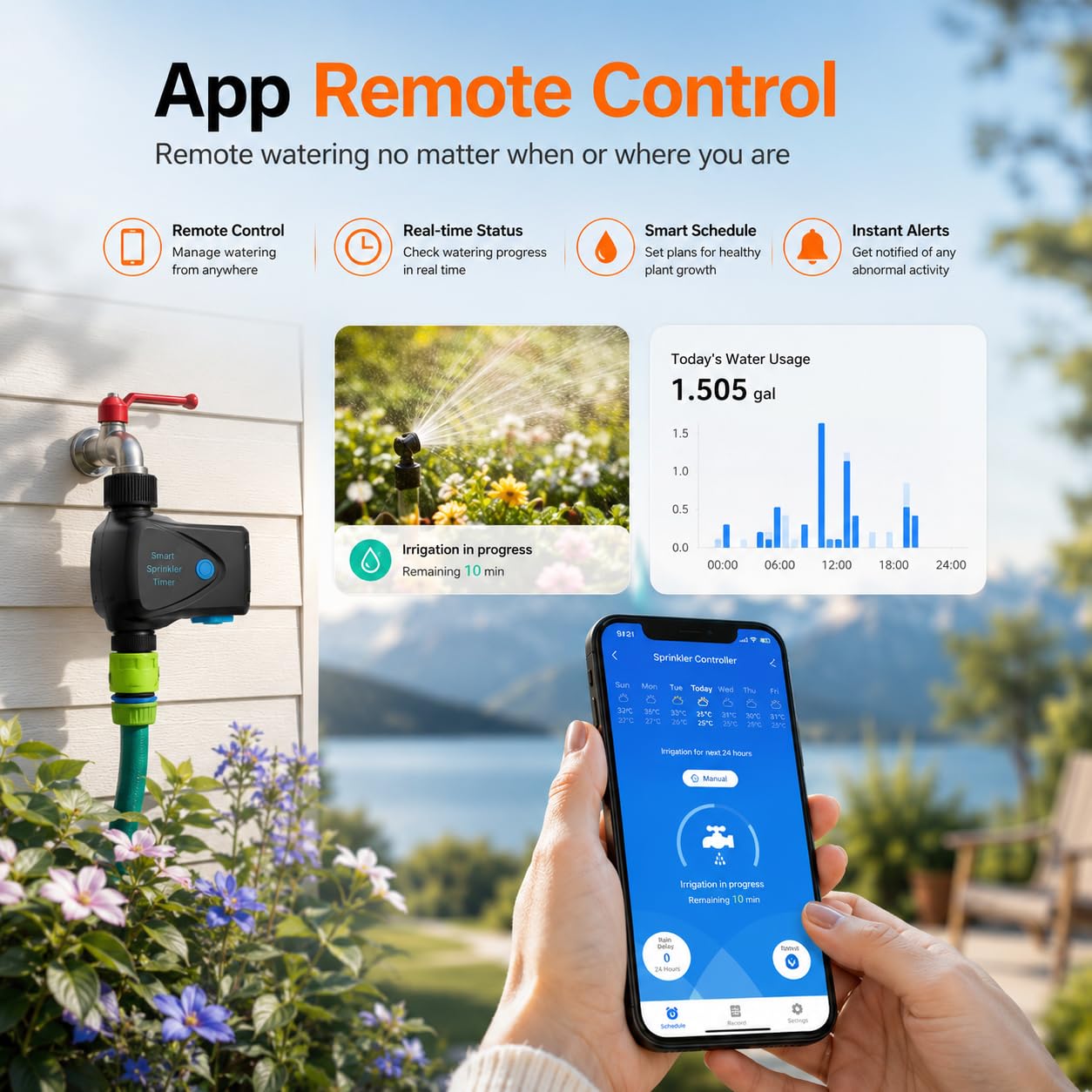 WLAN Bewässerungscomputer: Smart Bewässerungstimer mit Wasserverbrauchsmessung, App-Fernsteuerung, Regenverzögerung, Automatischer Gartenhahn-Timer für Balkon, Garten, Rasen