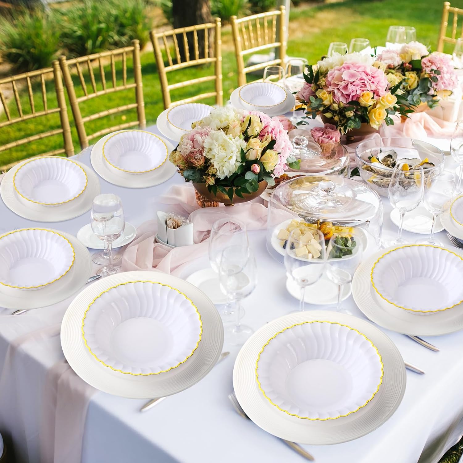 100 Pack 12oz White and Gold Plastic Bowls, Disposable Dessert Salad Soup Scalloped Bowls for Christmas, Thanksgiving, Birthday, Wedding, Catering and Everyday Use