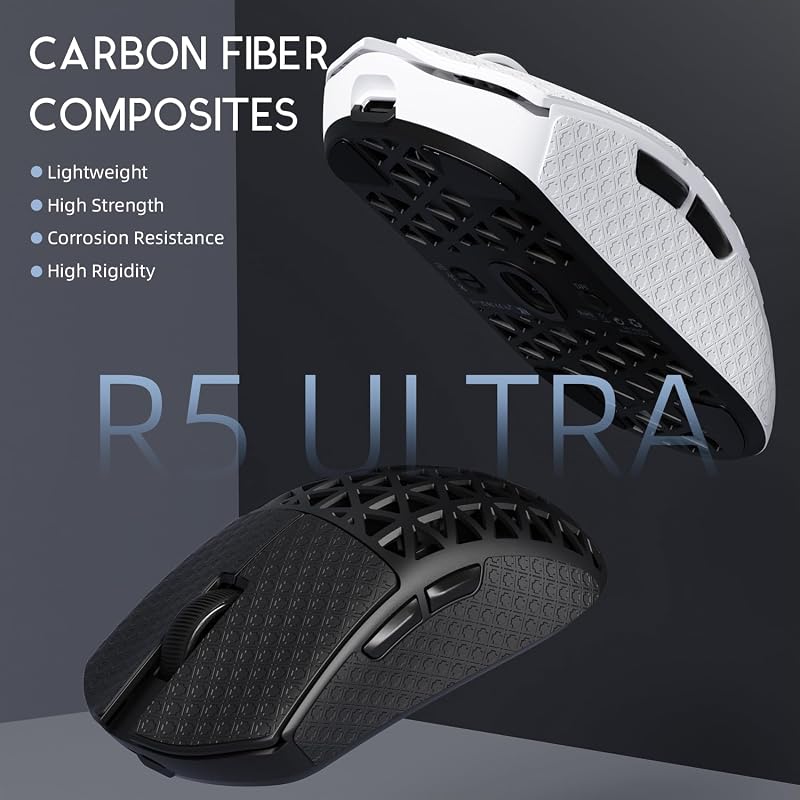 ATTACK SHARK R5 Ultra Szénszálas Gamer Egér, 39g Szuperkönnyű, 8000Hz Vezeték Nélküli, 42000 DPI, Bluetooth/2.4G/Vezetékes, Fehér