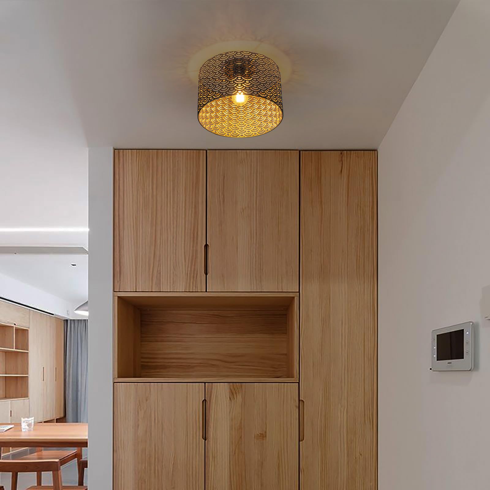 Paralume vintage in metallo, nero oro, intagliato/Rotondo, a tamburo, per lampada da terra, lampada a sospensione, lampada da tavolo, lampada da soffitto