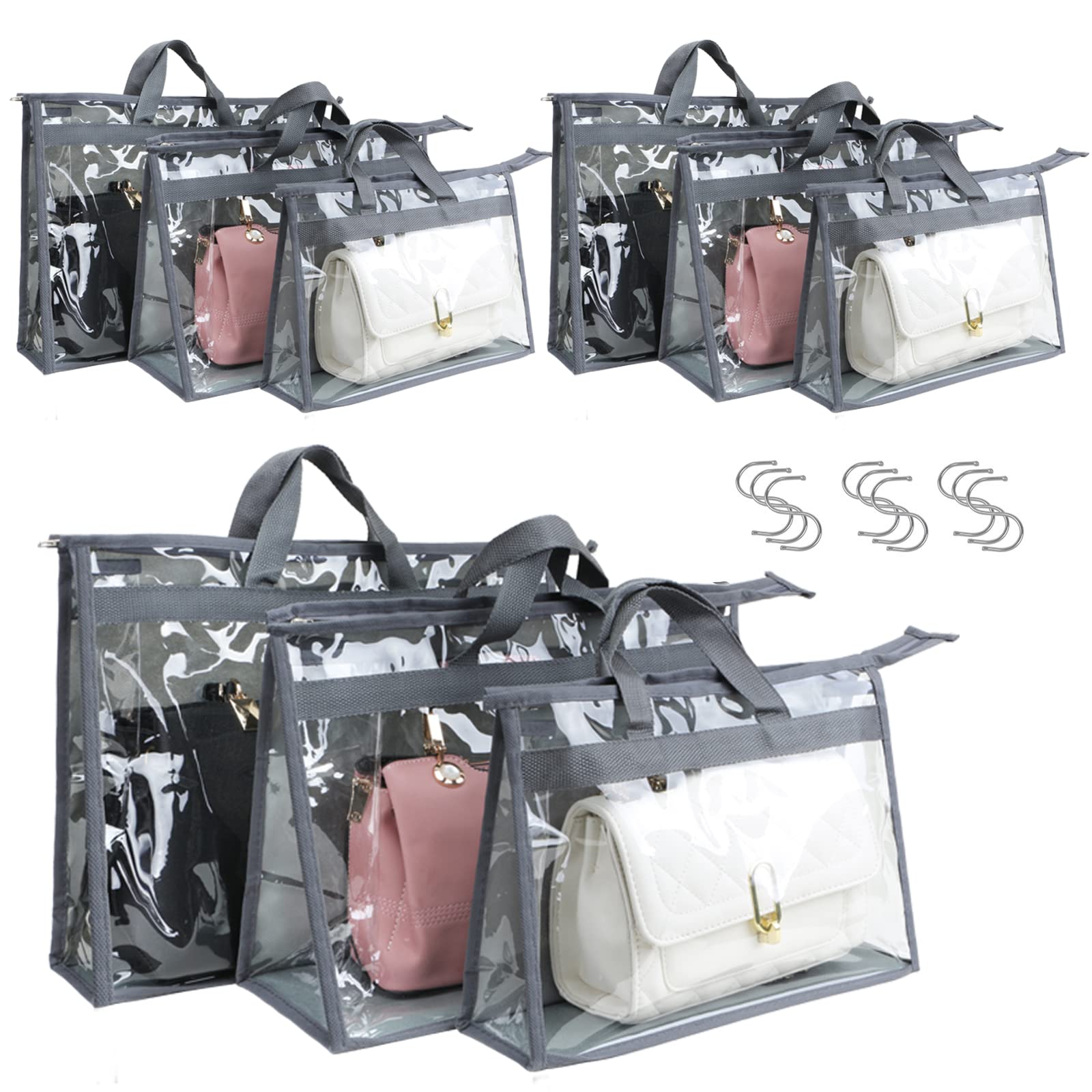 Interesse 9 Packs Dust Bags for Handbags, Clear Handbag Storage, Purse Storage Organizer for Closet, Purse Cover Hanging Closet Organizer with Zipper and Handles
