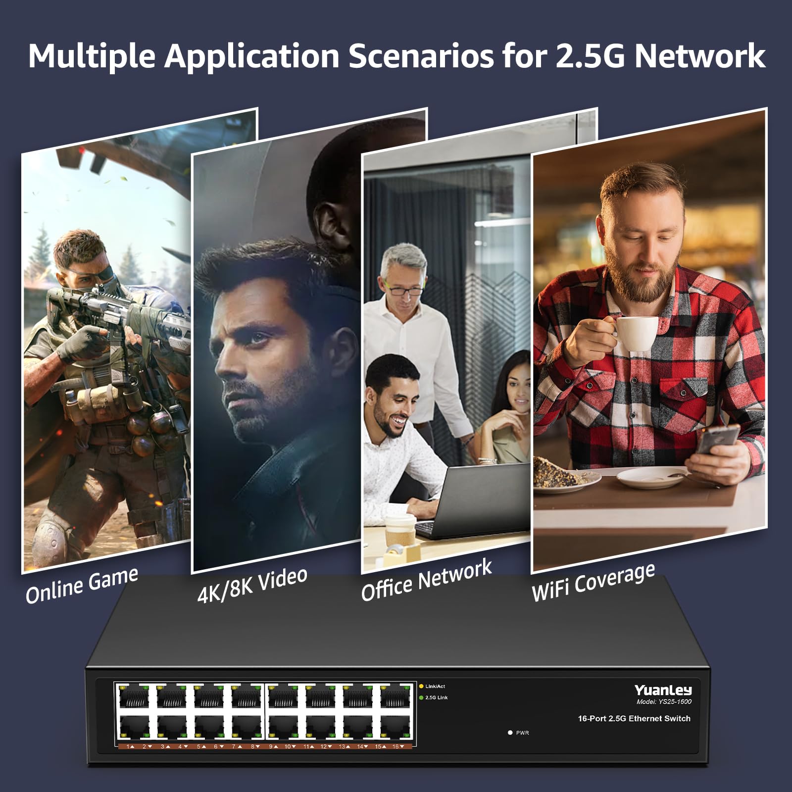 Switch Ethernet non Gestito YuanLey a 16 Porte 2,5GB, 16 Porte 2,5G Base-T, Compatibile con 100/1000/2500Mbps, Struttura in Metallo, Switch di Rete 2,5 Gigabit YuanLey per AP Wireless, PC
