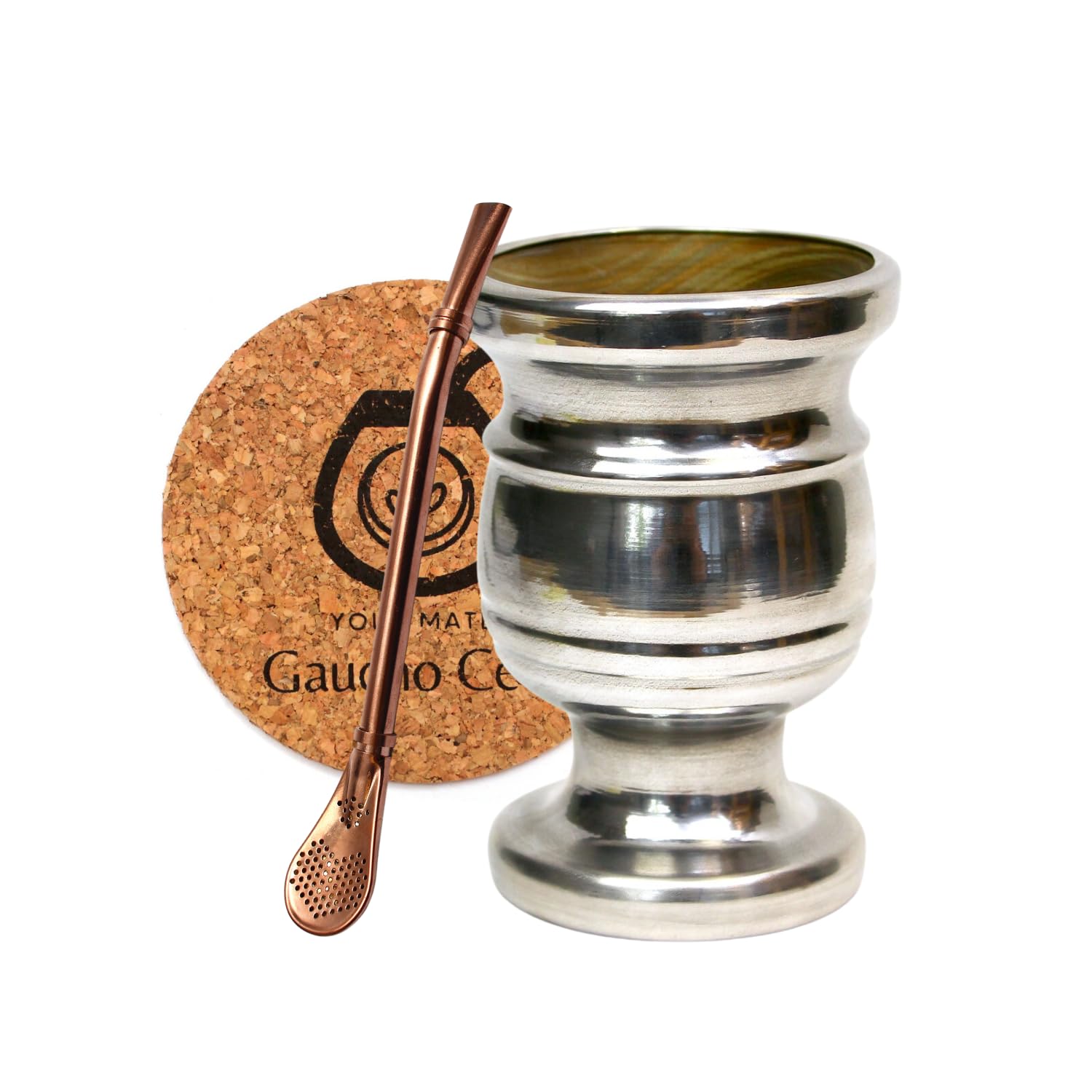 Zestaw do herbaty Yerba Mate, ręcznie wykonany, Palo Santo, w pełni metalowy, przebrany kubek do herbaty mate, bombilla, do herbaty Mate 15,5 cm, podkładka korkowa, zestaw do herbaty Yerba Mate Mate