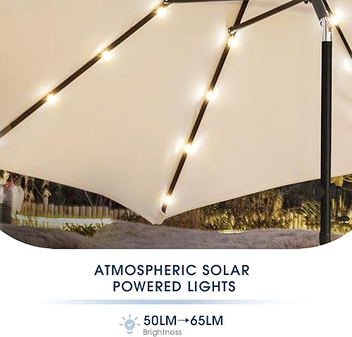 Miniatura 4 de Wikiwiki Sombrillas solares de 9 pies para patio con LED, para mercado de mesa al aire libre con 32 luces, botón de inclinaciónmanivela, 8 varillas