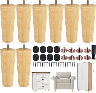 TURSTIN 8 Pieces Furniture Legs 6 Inches Round Solid Wood Furniture Feet with M8 T-Nuts Couch Legs Sofa Leg Replacement Leg for Armchair, Cabinet, Chair, Dresser or Home DIY Projects, Natural Wood