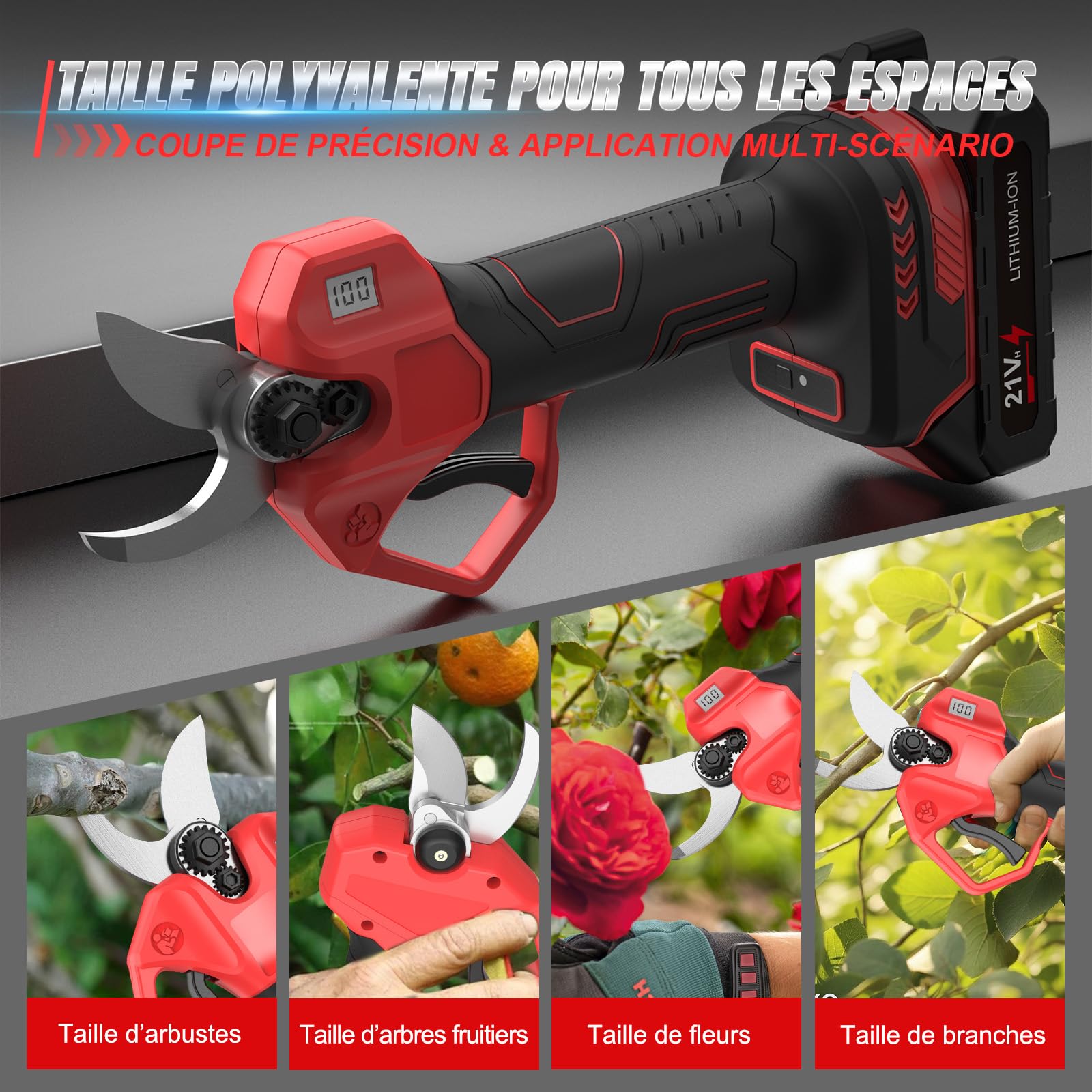 Tijeras de Podar Electricas, Tijeras de Podar 21V con Pantalla LCD y 2x2.0 Ah Baterías, Tijeras de Podar a Batería Ligeras 1.04 kg, Motor sin Escobillas, para Poda de Árboles, Setos y Ramas (40MM)