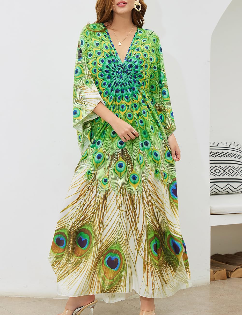Bsubseach Mujer Traje de baño Cubrir Estampado étnico Kaftan Beach Maxi Vestidos