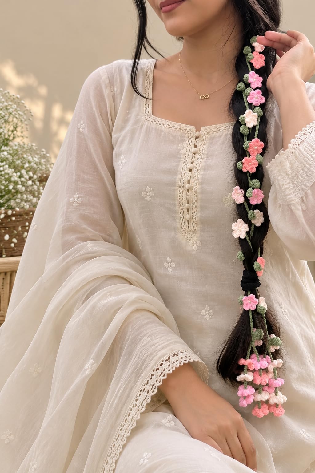 Crochet Hair Parandi, pink and white Flower Design, Traditional Braid Accessory, for Women-image-27