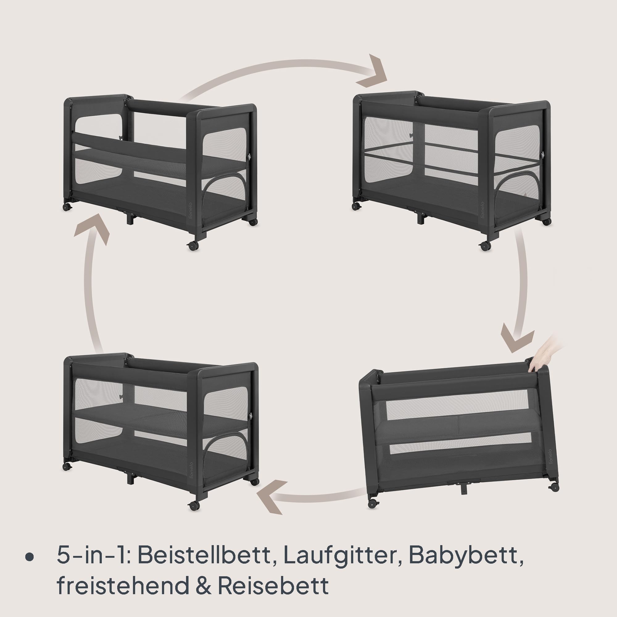 Lionelo Patty 5-in-1 Reisebett & Beistellbett mit Matratze | Faltbares Kinder-/Babyreisebett mit Tragetasche & Rollen, Laufstall - Ideal von Geburt bis 15 kg