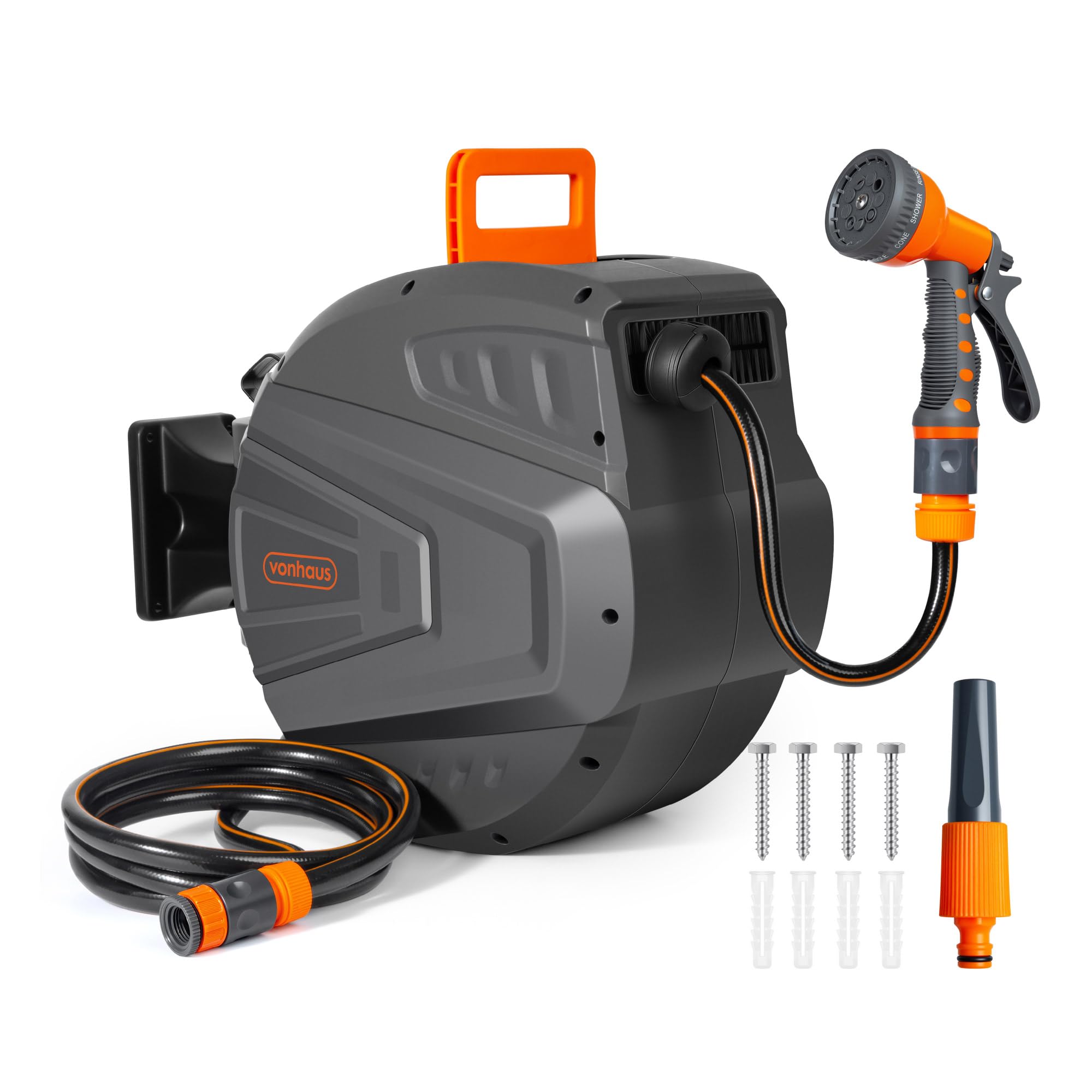 VonHaus Hose Reel 20m - Wall Mounted Hose Reel for Garden, Retractable, Auto Lock and Auto Rewind, Includes Wall Fixings and 9 Function Spray Gun, 180° Pivot Swivelling, Long Reach, Outdoor Watering